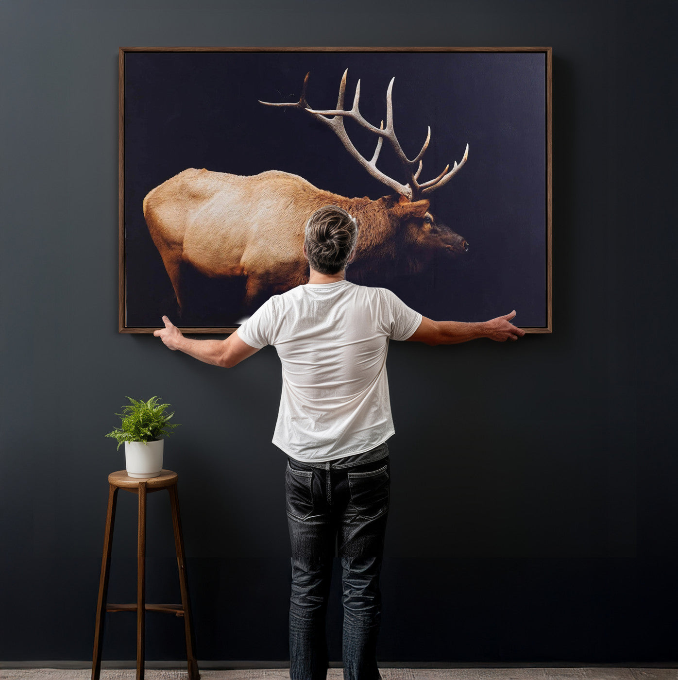 89239257-MGV-CV-36X24 - Rustic Elk Wall Art Canvas Print – Framed Moody Wildlife Art Picture Western Animal Artwork for Home, Office Decor