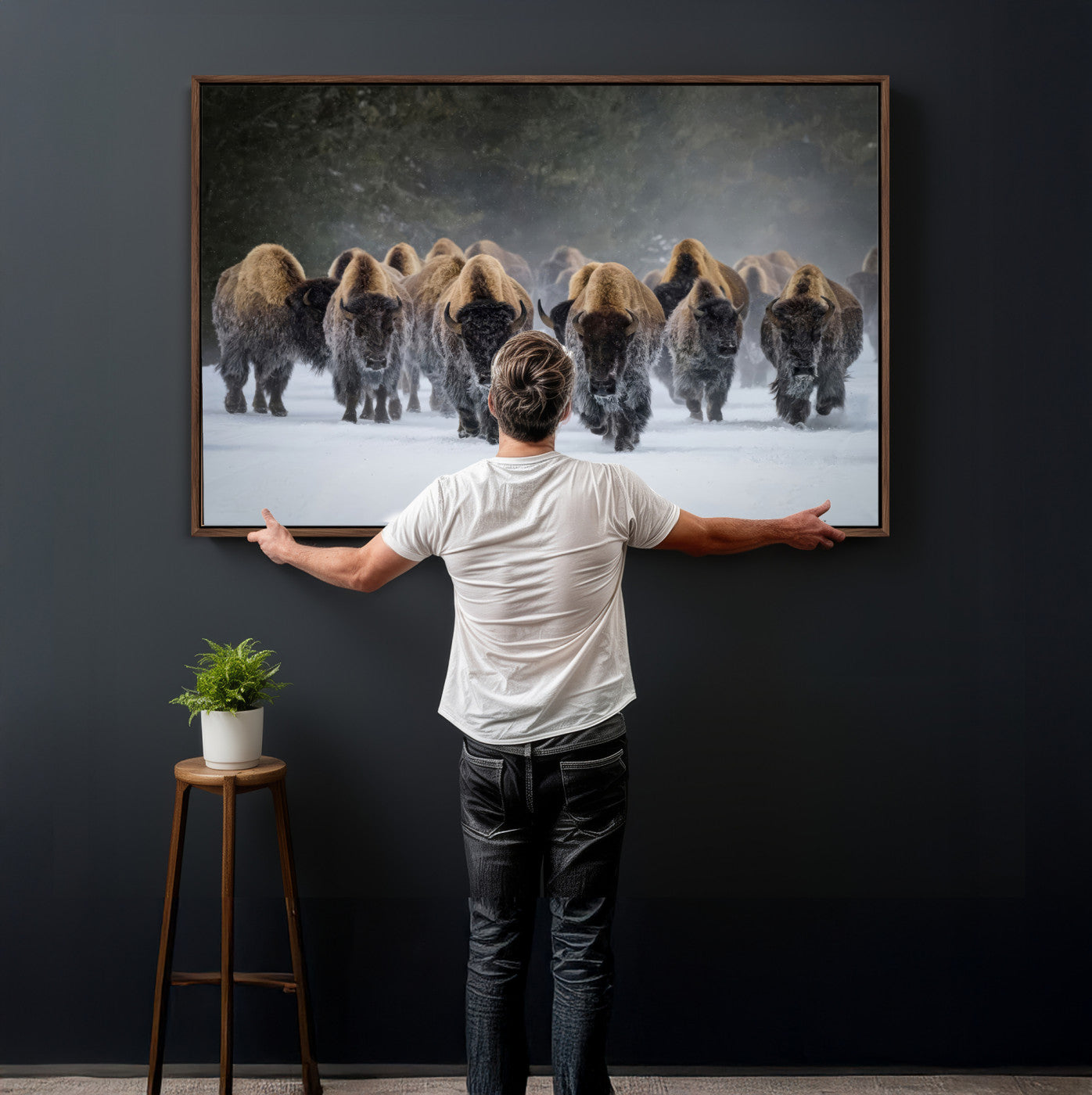 41669135-MGV-CV-36X24 - Winter Bison Herd Wall Art – Majestic Buffalo Charge Canvas Print with Snow Covered Plains, Rustic Wildlife Strength and Untamed Nature Decor for Home and Office