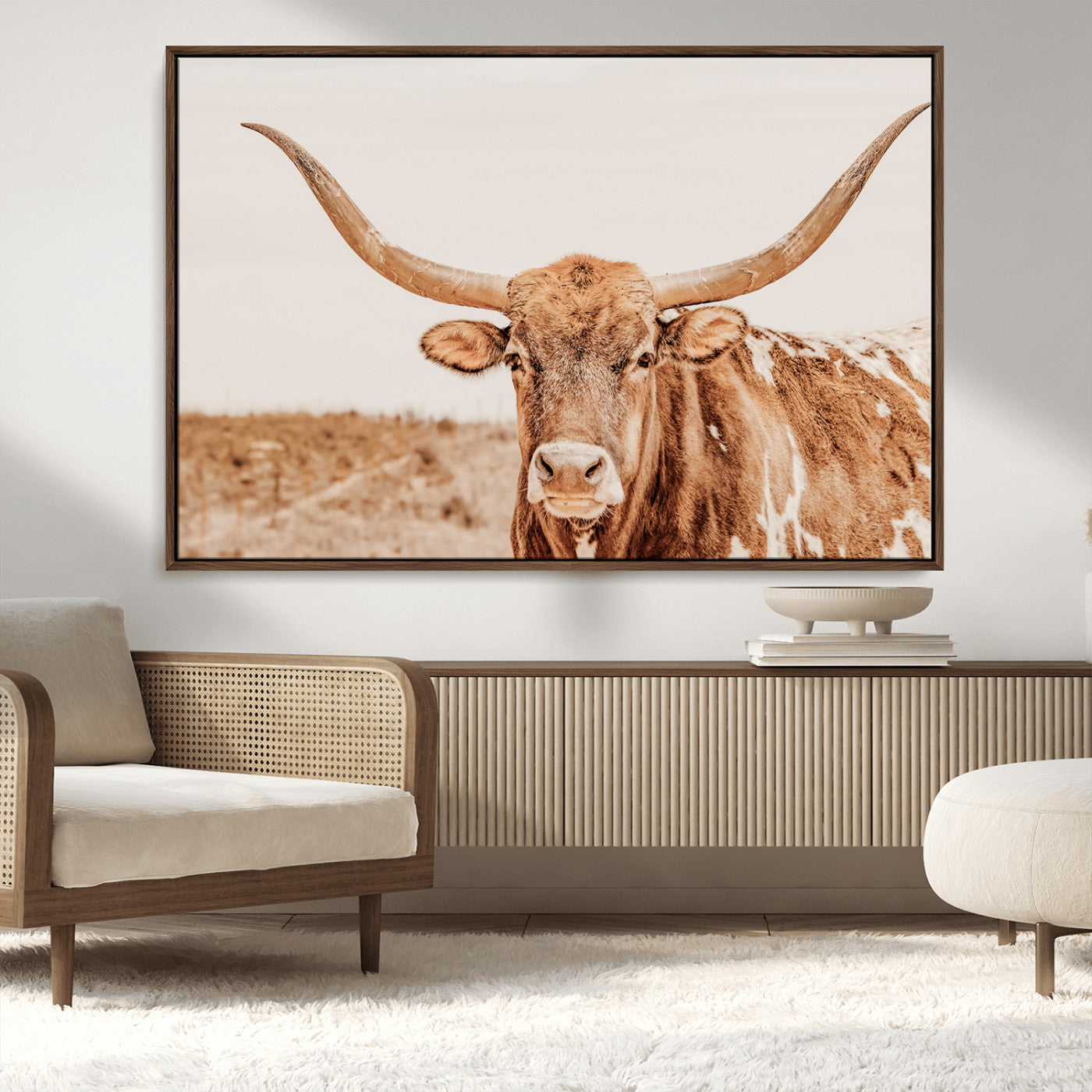 74406977-MGV-CV-36X24-Longhorn Bull Wall Art Canvas Print – Framed Western Cow Rustic Farmhouse Neutral Country Animal Artwork for Home Office