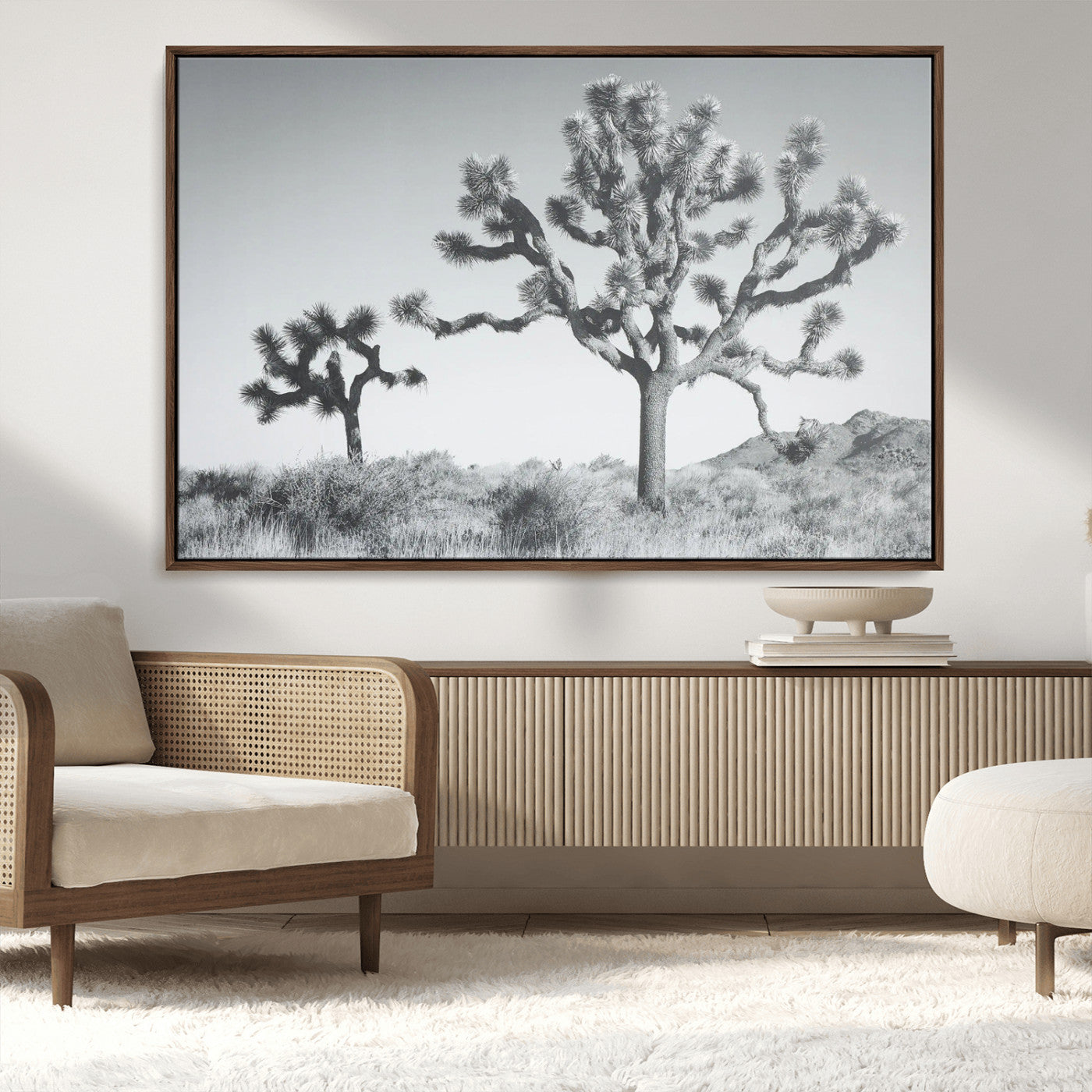 58647785-MGV-CV-36X24-Joshua Trees Wall Art Canvas Print – Framed Black White Desert Landscape Dry Grass Hills Tranquil Artwork for Home Office