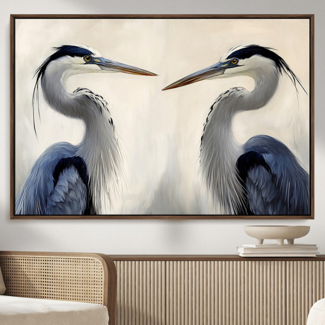 Blue Heron Pair Wall Art Canvas Print, Framed Coastal Bird Tranquil Wildlife Artwork