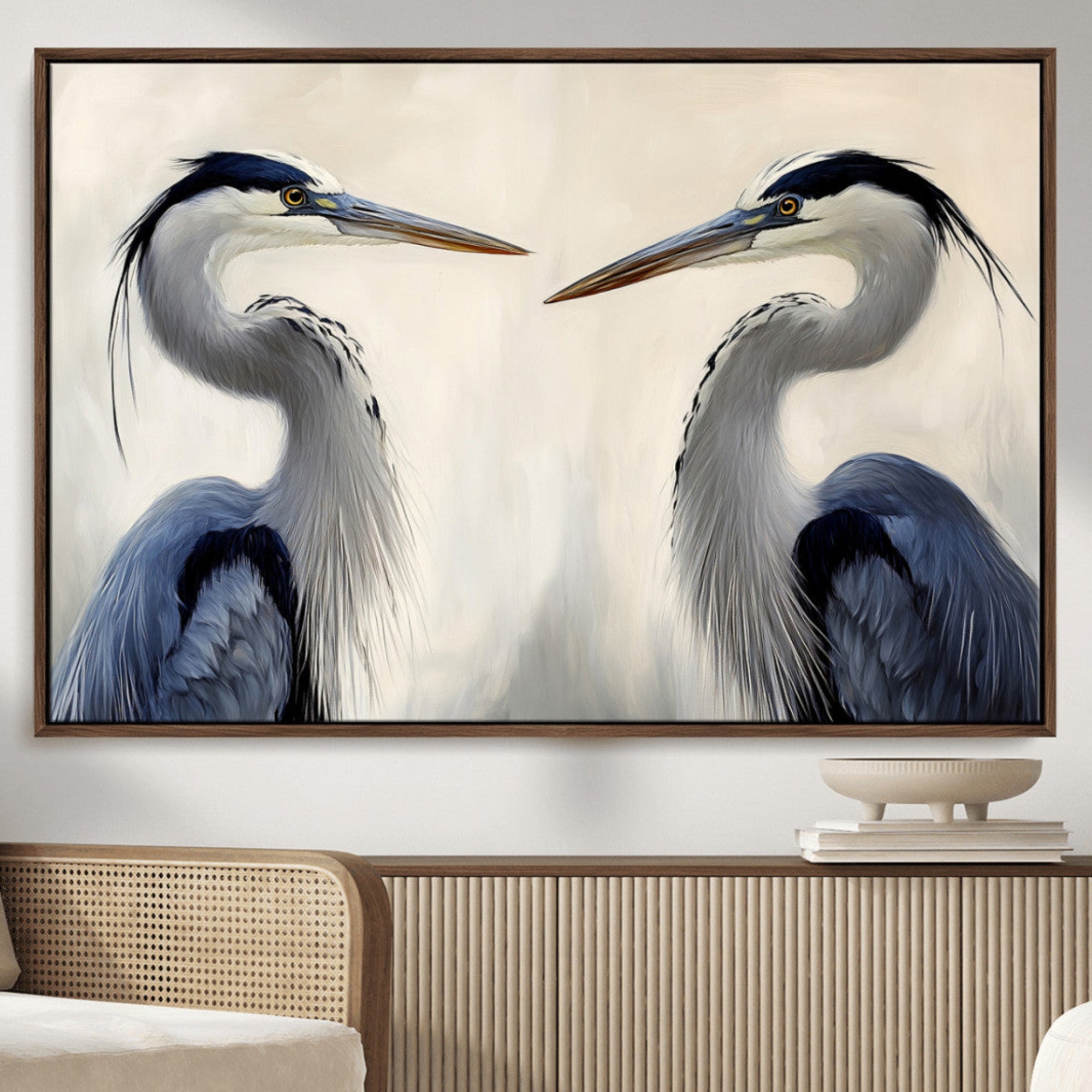 18230556-MGV-CV-36X24-Blue Heron Pair Wall Art Canvas Print – Framed Coastal Bird Tranquil Wildlife Scene Minimalist Nature Artwork for Home Office