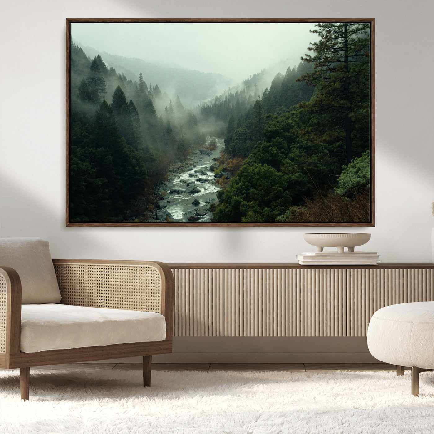 48497565-MGV-FC-36X24_Walnut-Misty Forest Wall Art Canvas Print – Framed Foggy River Moody Landscape Wilderness Nature Scene Artwork for Home Office