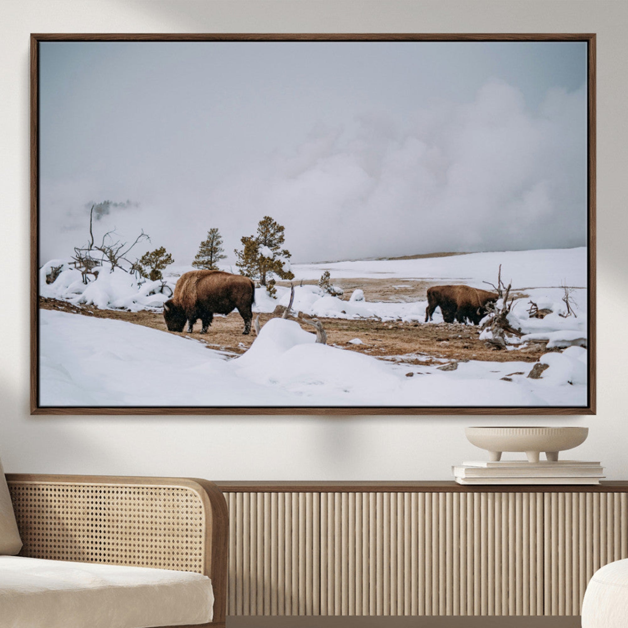 -Bison Wildlife Wall Art Canvas Print – Framed Snowy Prairie Western Rustic Nature Scene Artwork for Home Office
