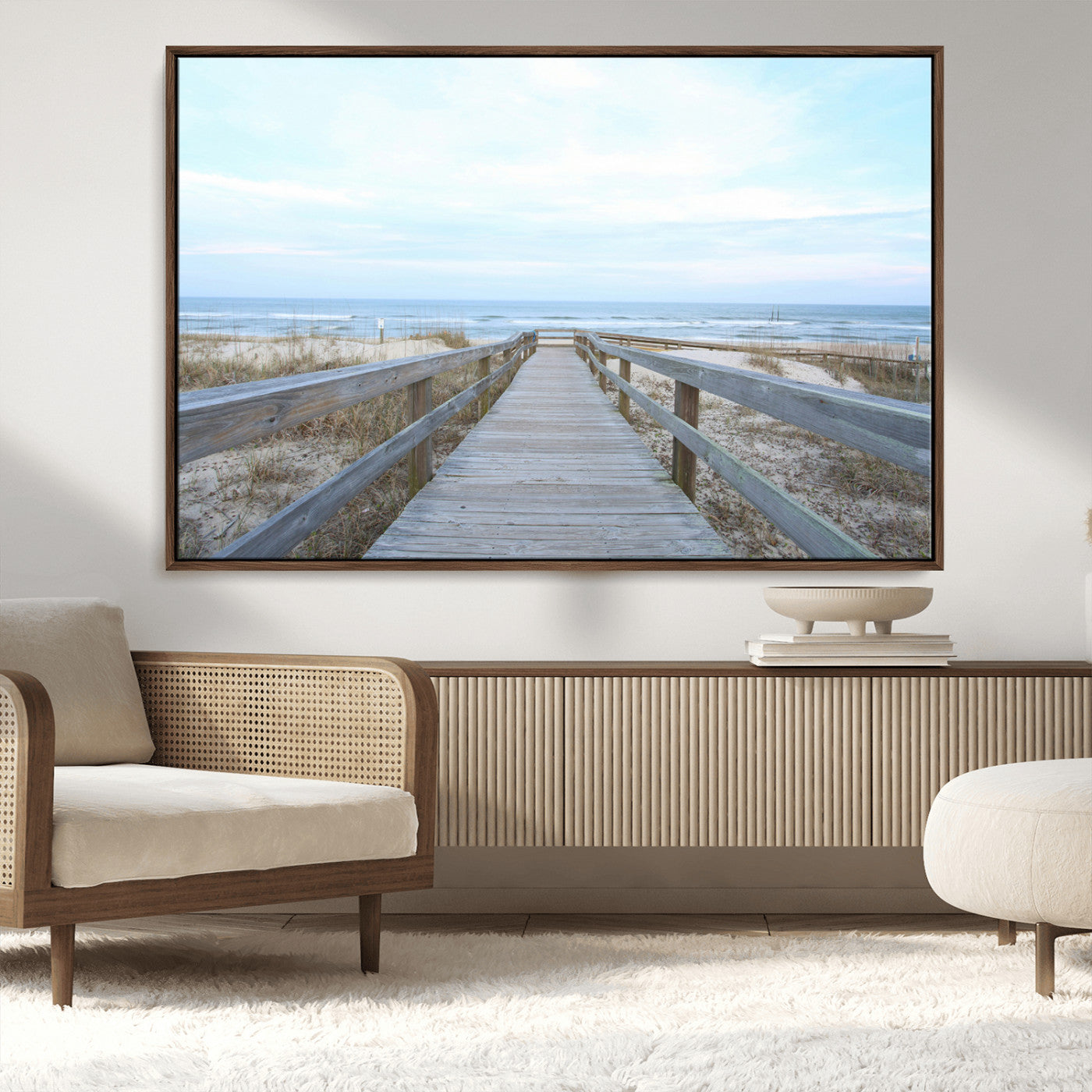 31602988-MGV-FC-36X24_Walnut-Beach Boardwalk Wall Art Canvas Print – Framed Coastal Serenity Ocean View Nature Scene Artwork for Home Office