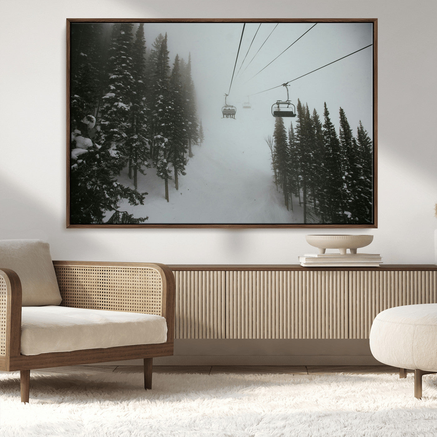 87018452-MGV-CV-36X24-Ski Lift Wall Art Canvas Print – Snowy Pines Misty Landscape Winter Serenity Artwork for Home, Office Decor