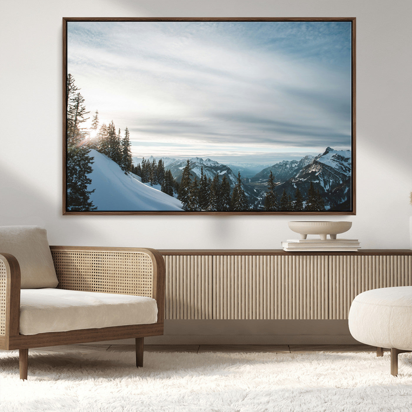 55564749-MGV-CV-36X24-Snowy Mountains Wall Art Canvas Print – Framed Alpine Landscape Frosty Peaks Nordic Minimalist Nature Artwork for Home, Office