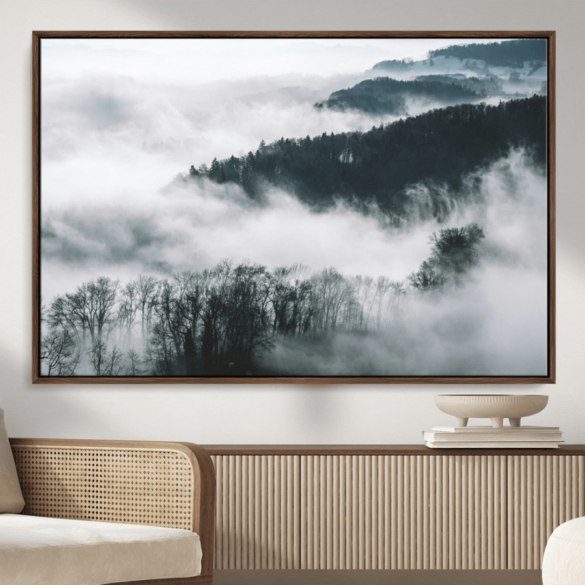 67569654-MGV-CV-36X24-Foggy Forest Landscape Wall Art Canvas Print – Misty Mountain Valley Scene Monochrome Tones Nature Artwork for Home Office
