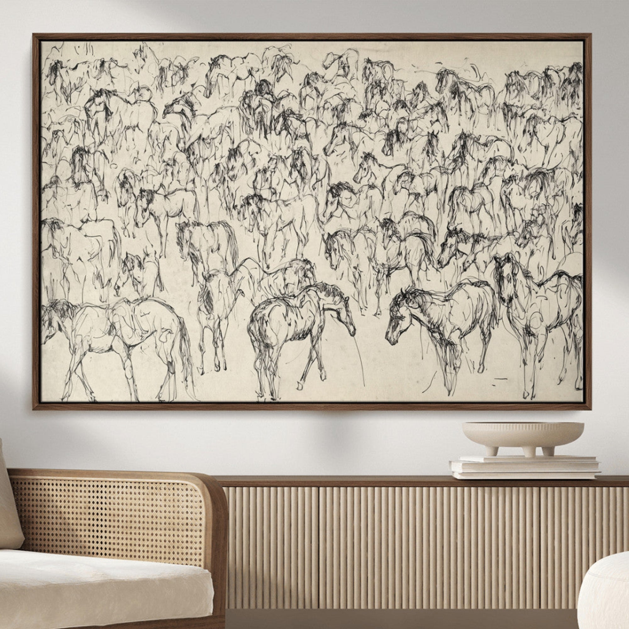 86653927-MGV-CV-36X24-Wild Horse Stampede Wall Art Canvas Print – Monochrome Running Horses Dynamic Motion Elegant Artwork for Home, Office