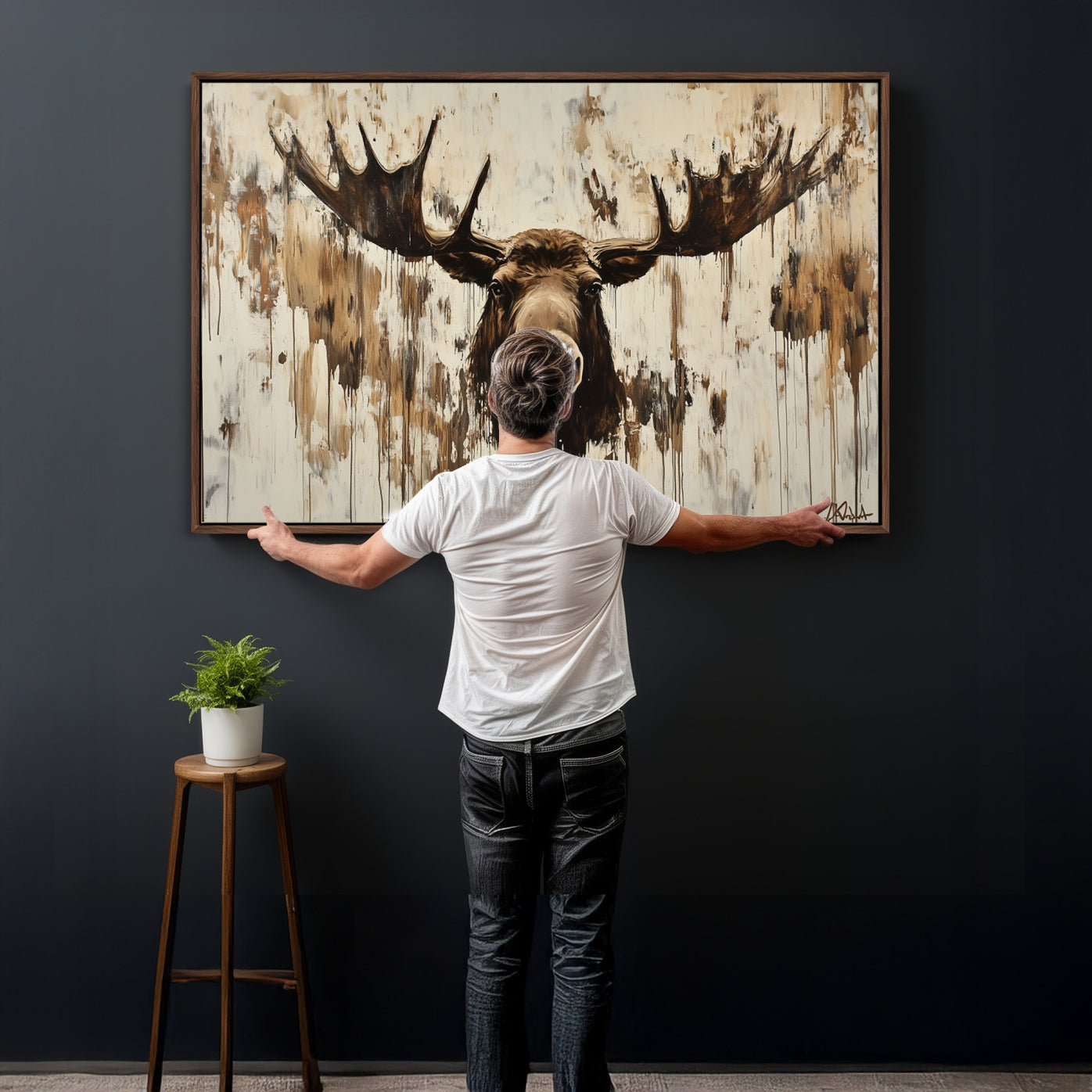34496536-MGV-CV-36X24 - Powerful Moose Portrait Wall Art – Rich Earthy Tones, Expressive Brushstrokes, Striking Gaze, Raw Nature Vibes Decor for Home or Office