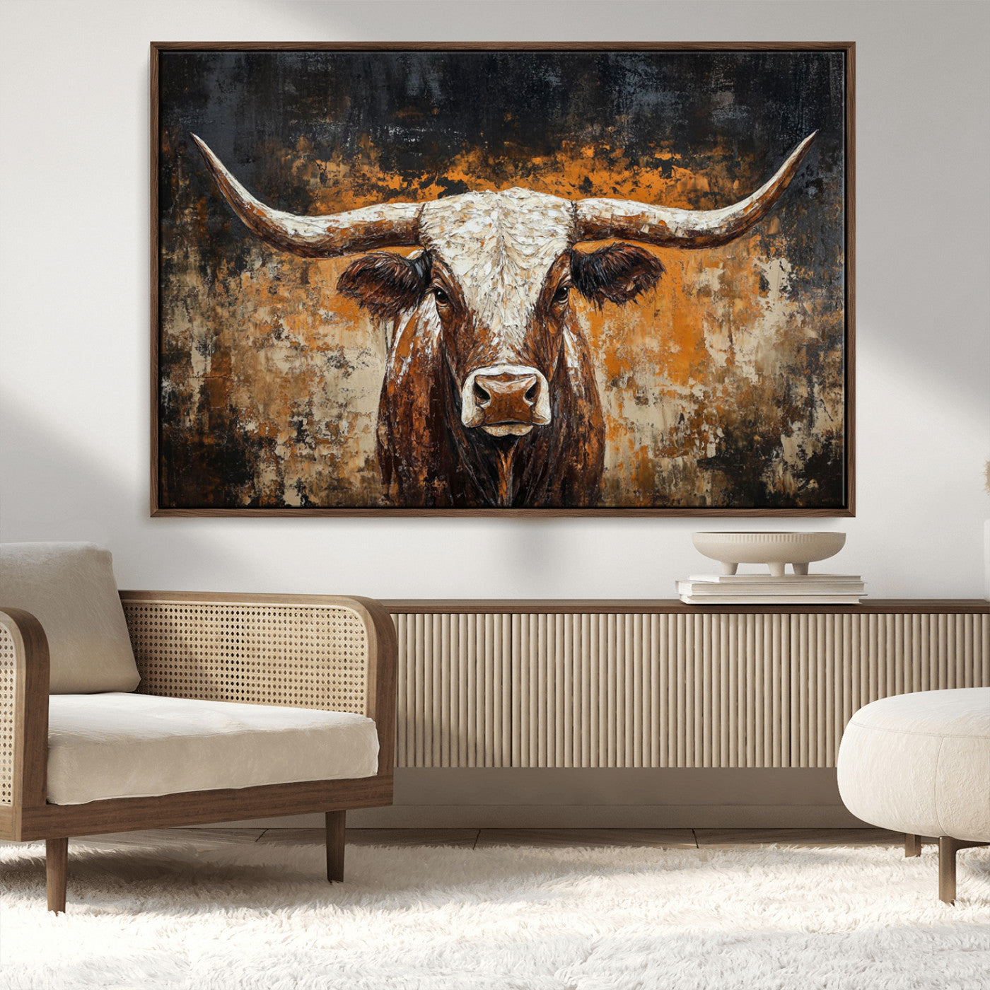25265572-MGV-CV-36X24-Rustic Longhorn Bull Wall Art Canvas Print – Vintage Western Cattle Scene, Texas Steer Artwork for Home, Office