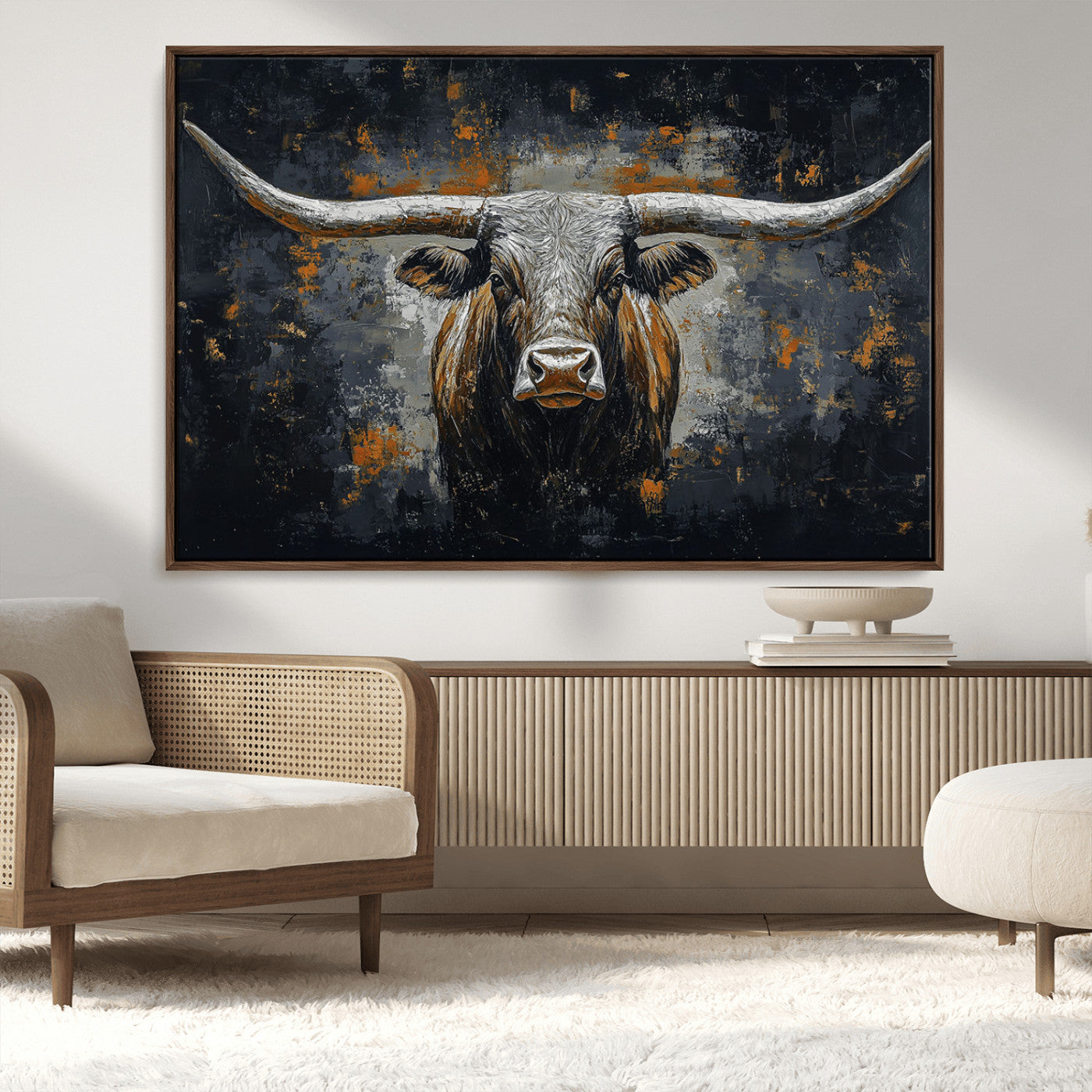 93195031-MGV-CV-36X24-Rustic Longhorn Bull Wall Art Canvas Print – Vintage Western Cattle Scene, Texas Steer Artwork for Home, Office