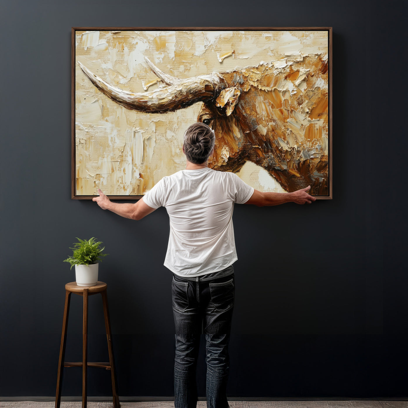 69611428-MGV-CV-36X24 - Rustic Longhorn Bull Wall Art Canvas Print – Vintage Western Cattle Painting, Texas Abstract Wall Cow Prints