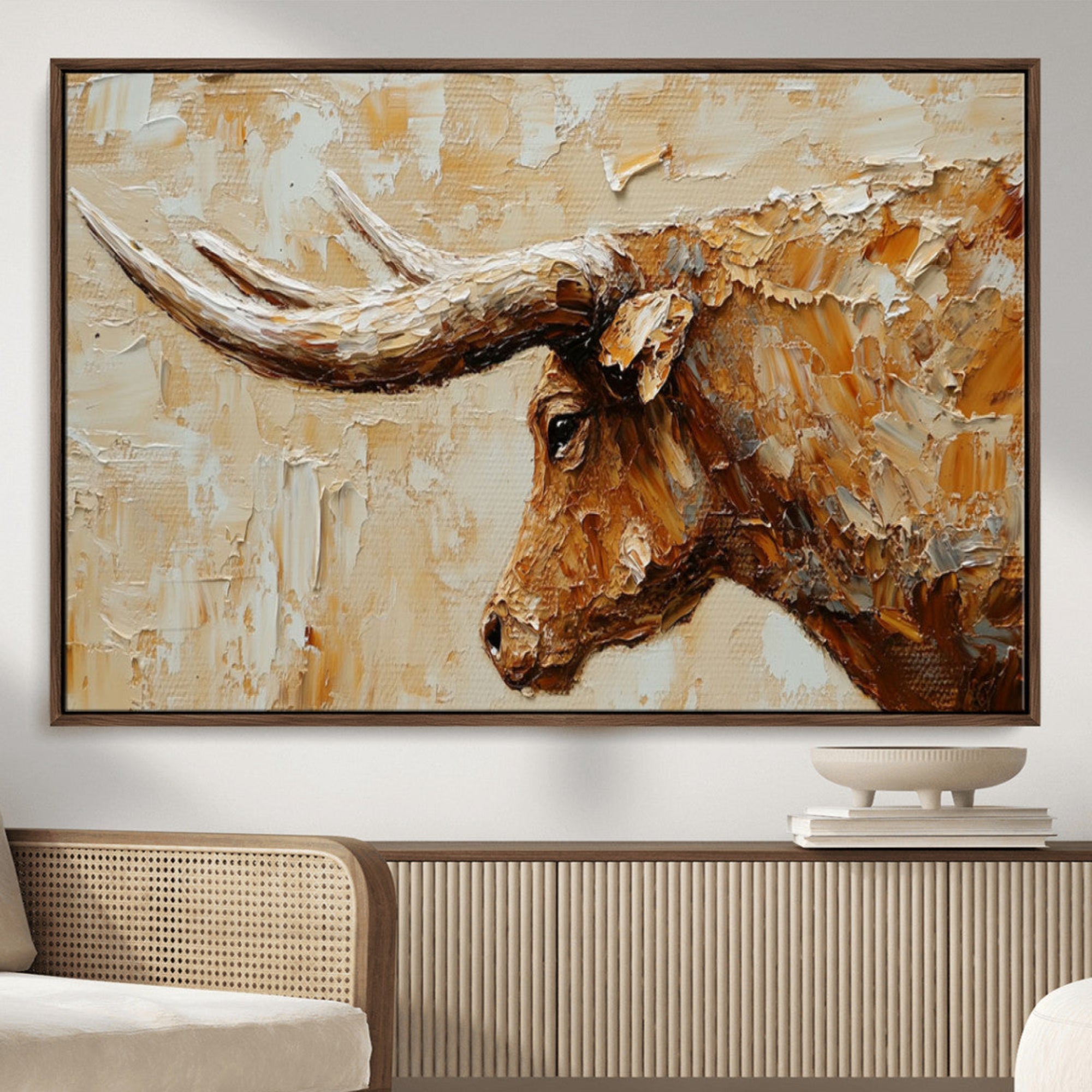 69611428-MGV-CV-36X24-Rustic Longhorn Bull Wall Art Canvas Print – Vintage Western Cattle Scene, Texas Steer Artwork for Home, Office