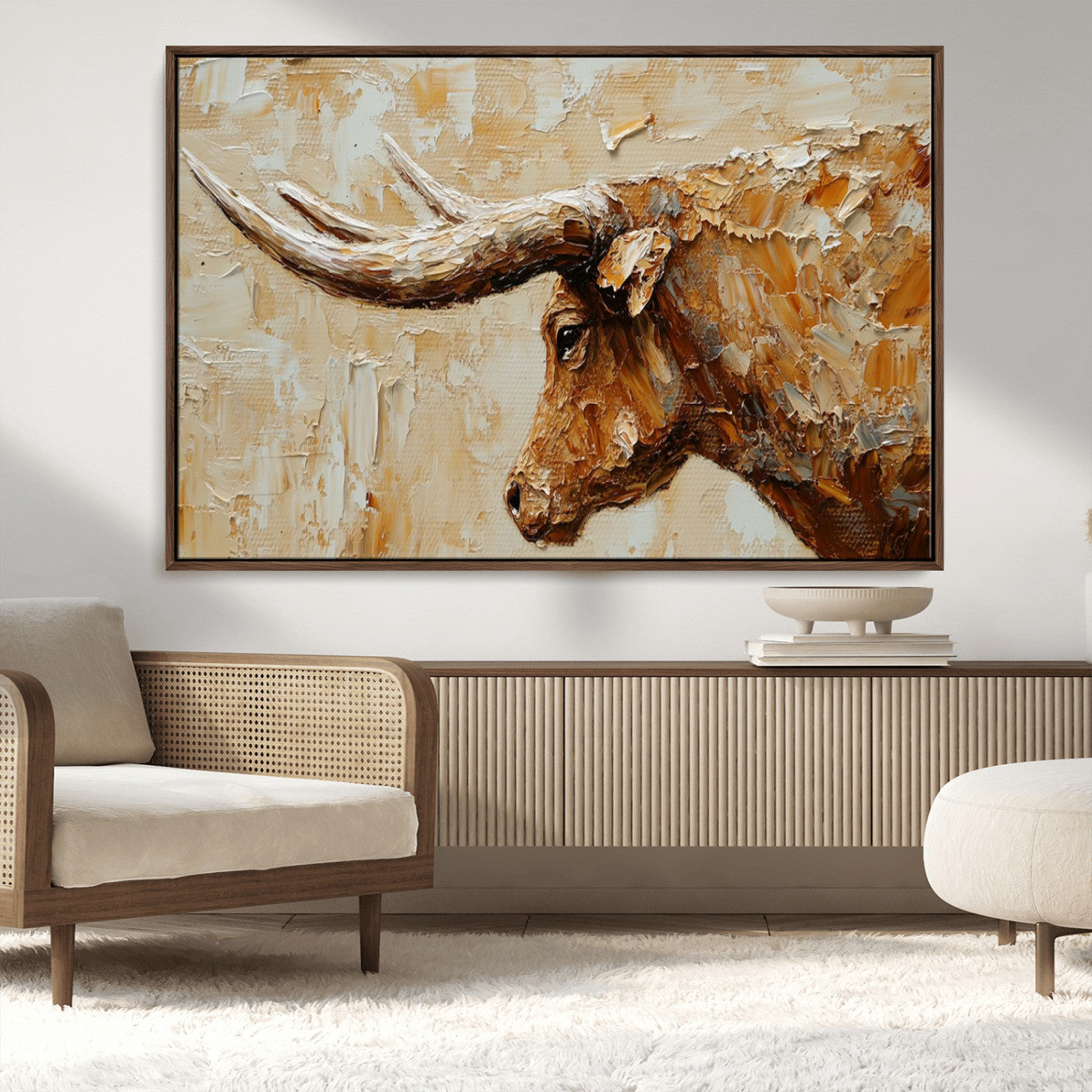 69611428-MGV-CV-36X24-Rustic Longhorn Bull Wall Art Canvas Print – Vintage Western Cattle Texas Steer Scene Artwork for home, office
