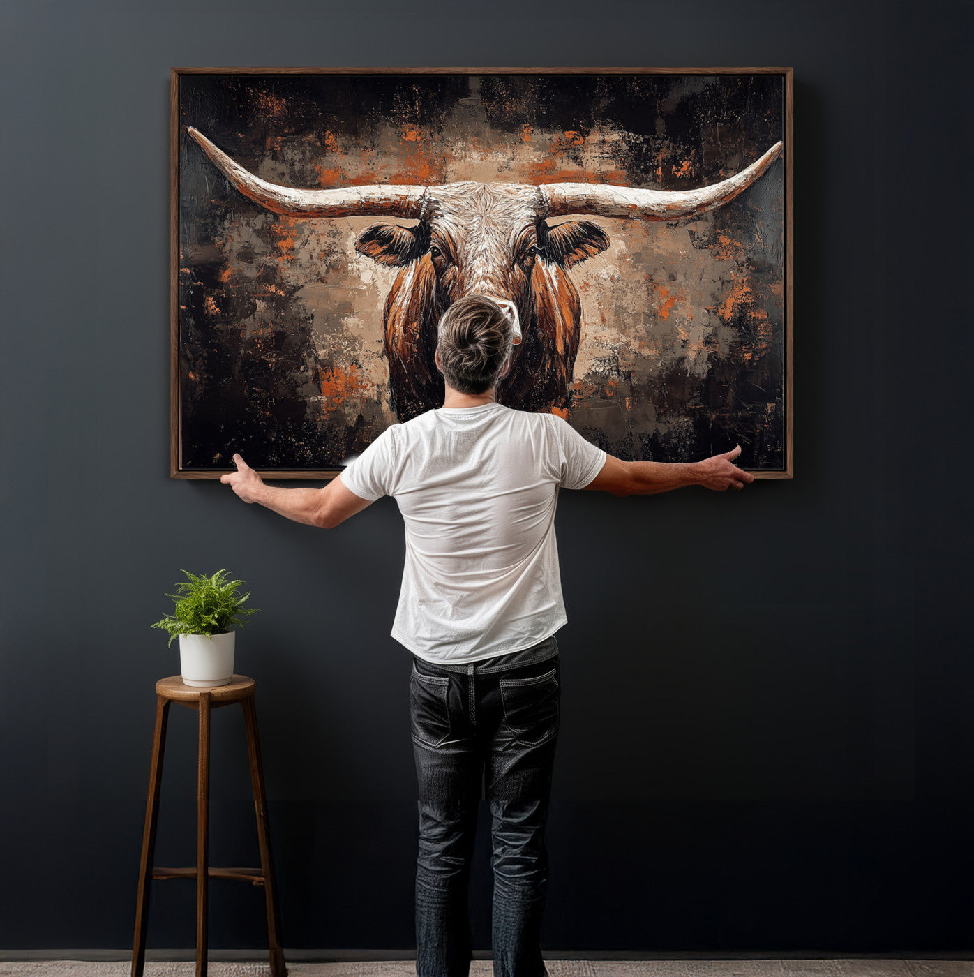 24779067-MGV-CV-36X24 - Rustic Longhorn Bull Wall Art Canvas Print – Vintage Western Cattle Painting, Texas Steer Artwork