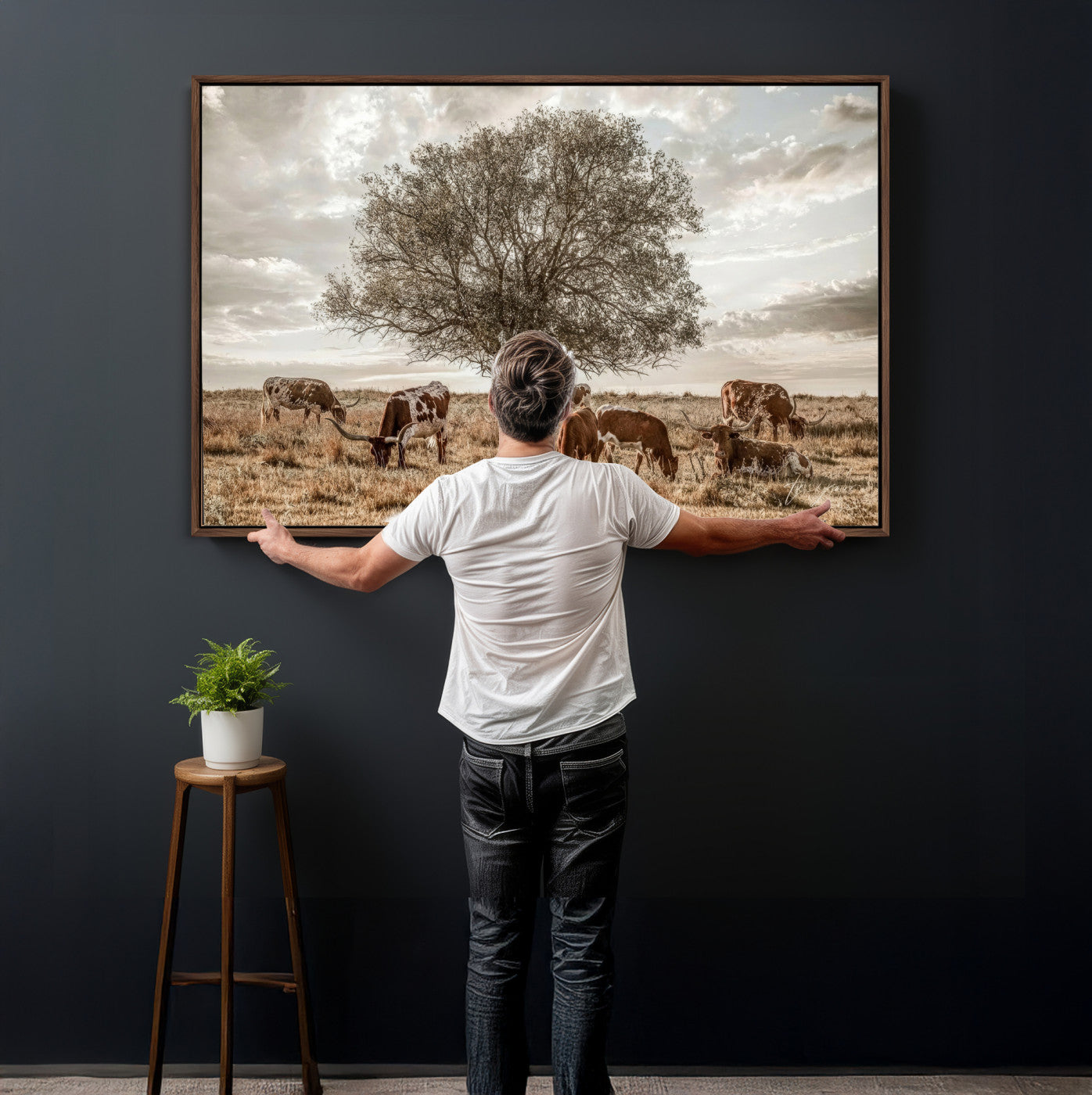 87590224-MGV-CV-36X24 - Texas Longhorn Cattle Wall Art Canvas Print – Rustic Western Ranch Scene with Steers at Sunset, Perfect for Farmhouse or Cowboy Decor