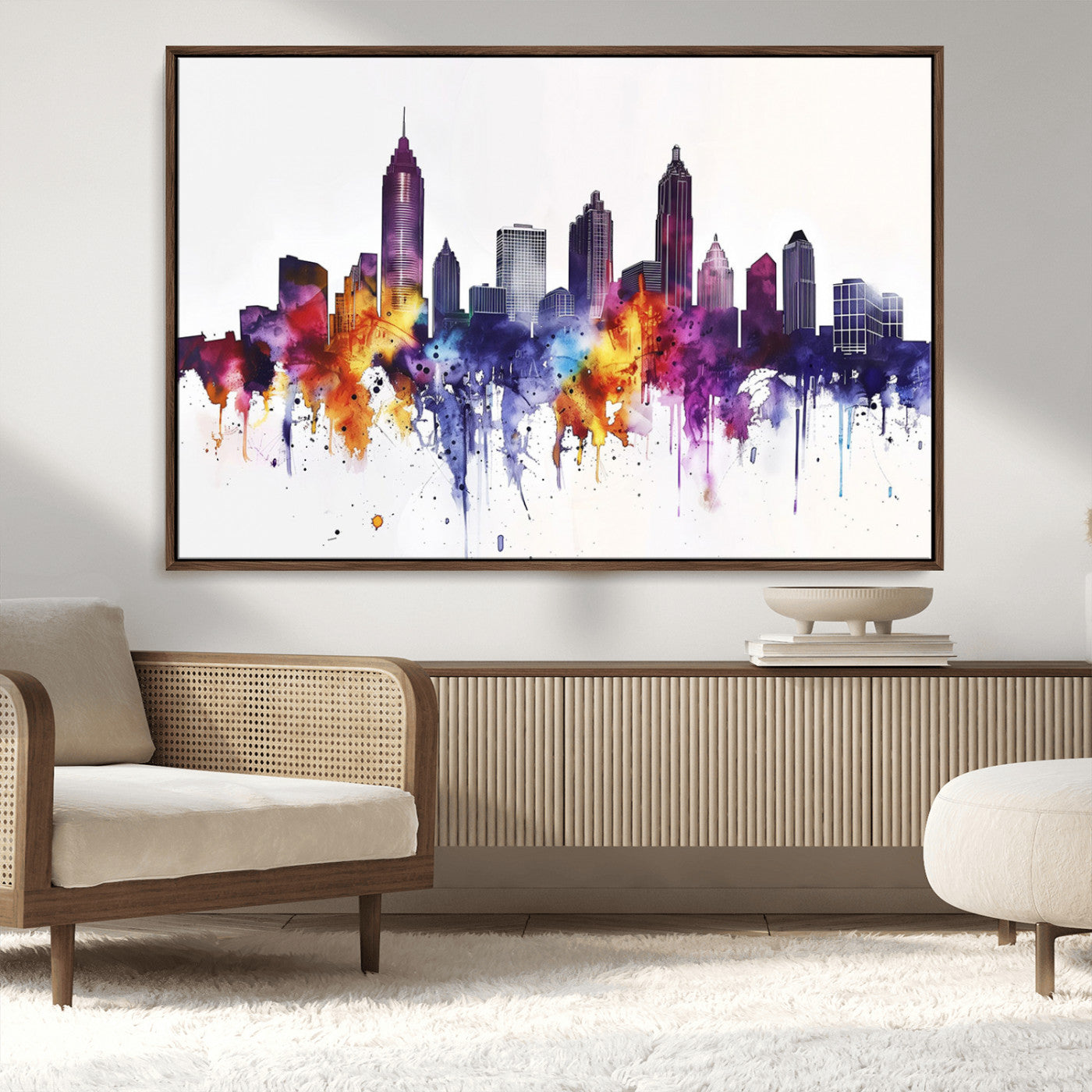 34479880-MGV-CV-36X24-Atlanta Skyline Wall Art Canvas Print – Framed Colorful Watercolor Cityscape Artwork for Home, Office, Living Room