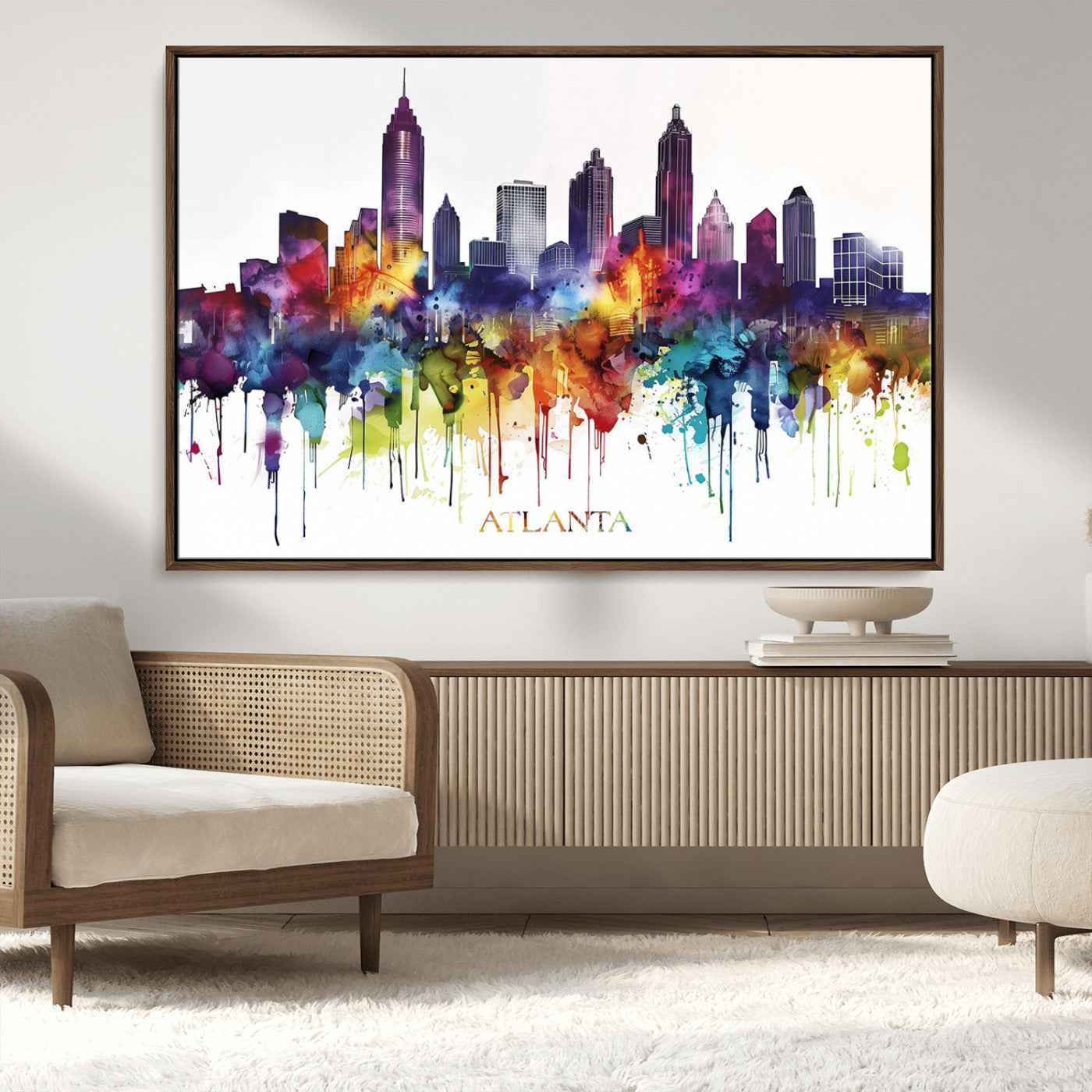 36048320-MGV-CV-36X24-Atlanta Skyline Wall Art Canvas Print – Framed Colorful Watercolor Cityscape Abstract Urban Artwork for Home, Office