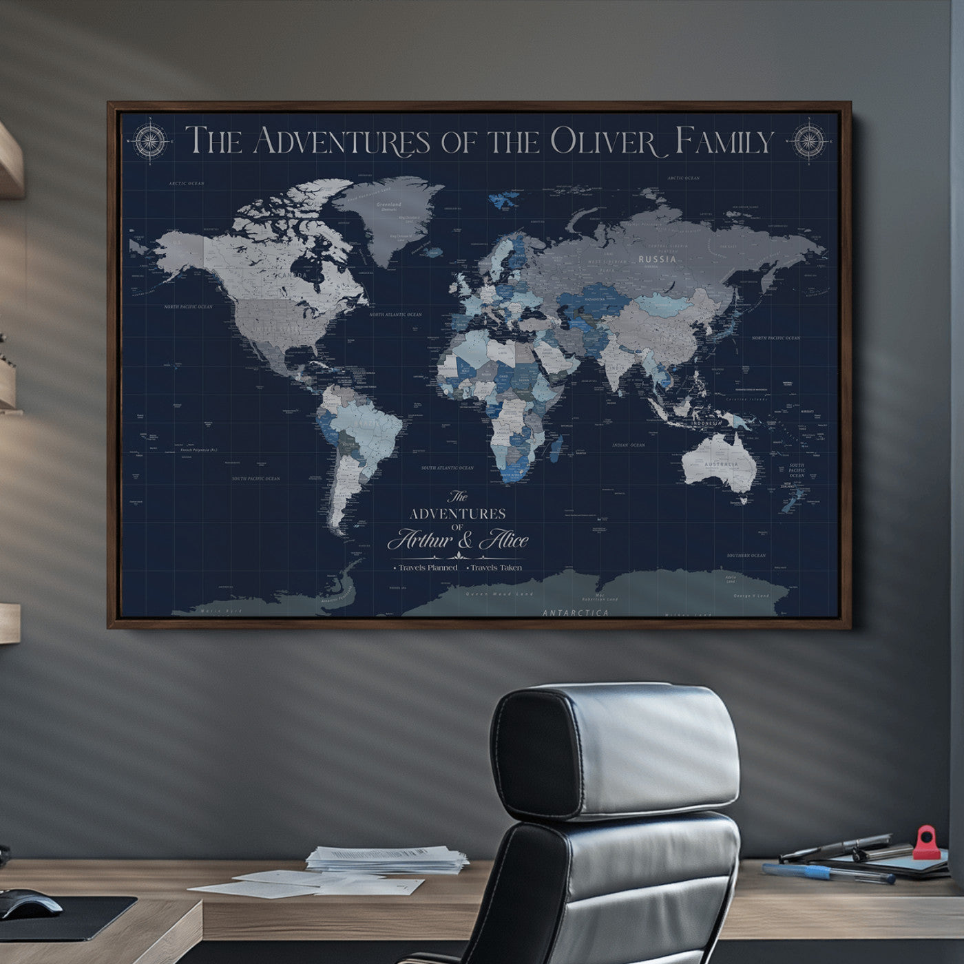 -Personalized Family Adventure World Map – Custom Framed Push Pin Travel Tracker Canvas, Elegant Wall Art for Home, Office