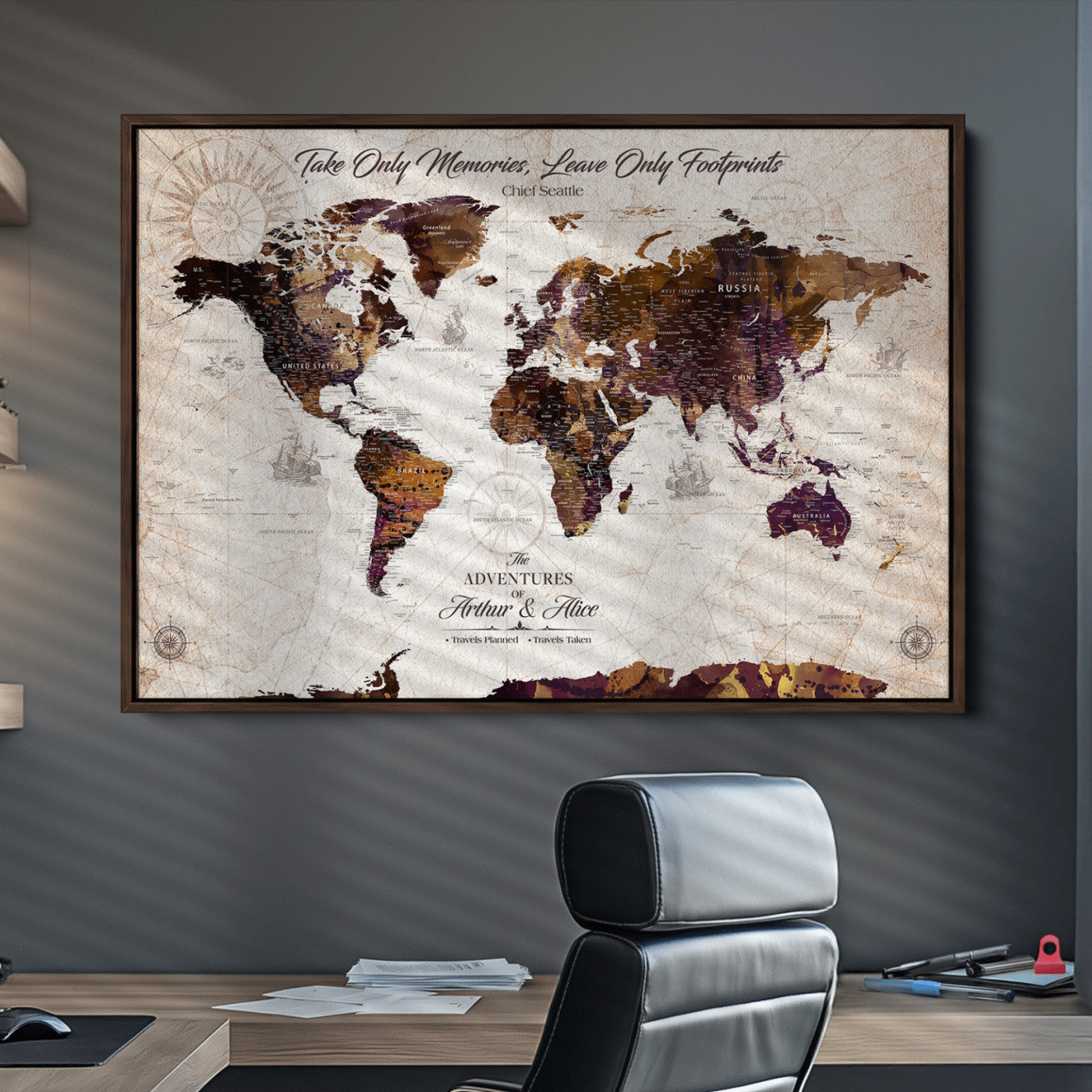 -Personalized World Map Canvas – Custom Framed Push Pin Travel Tracker, Elegant Wall Art Gift for Couples for Home, Office