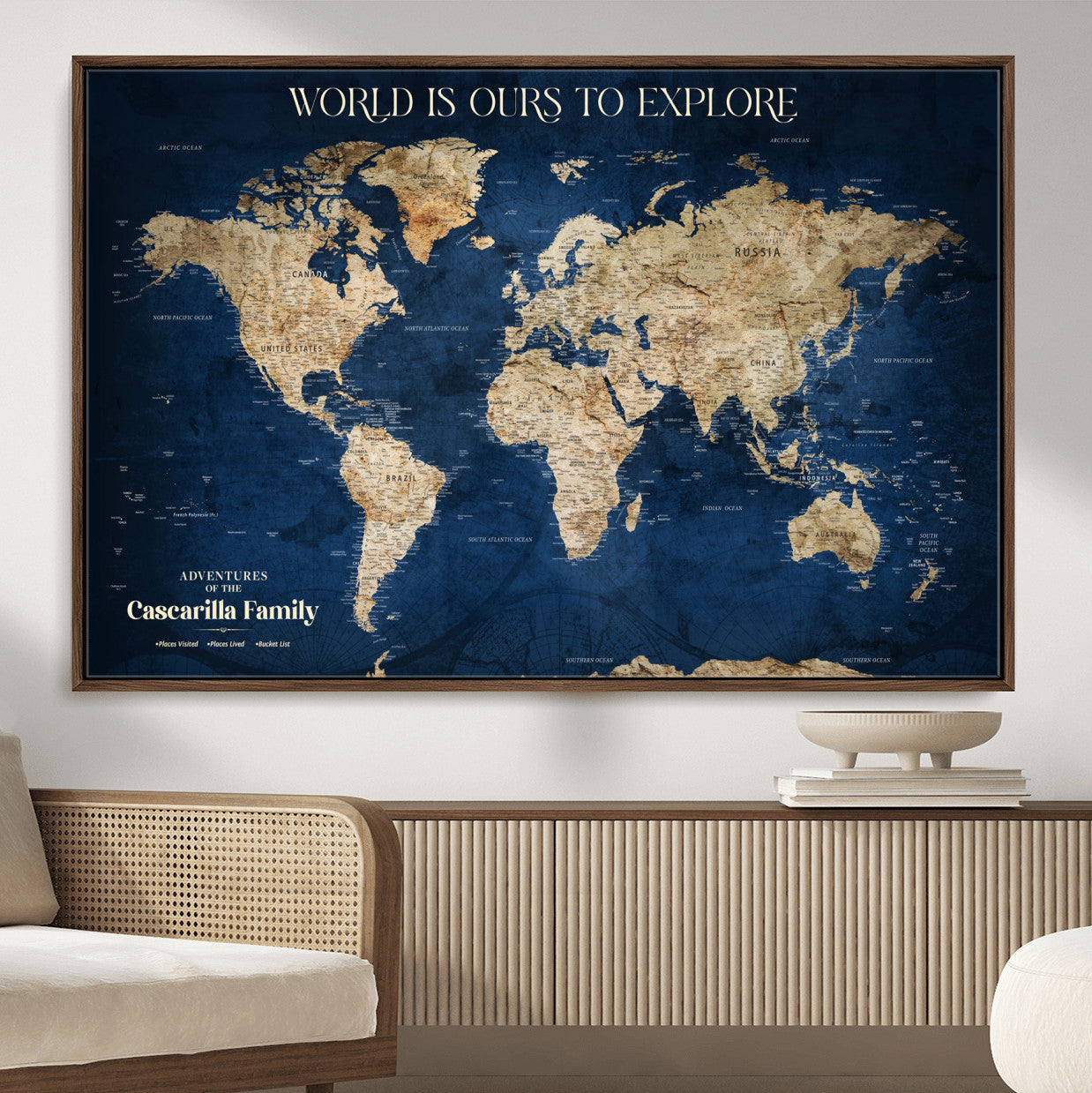 54782997-MGV-FC-36X24 - Personalized Push Pin World Map Canvas Print – Custom Travel Tracker Wall Art, Large World Map Decor for Home, Office