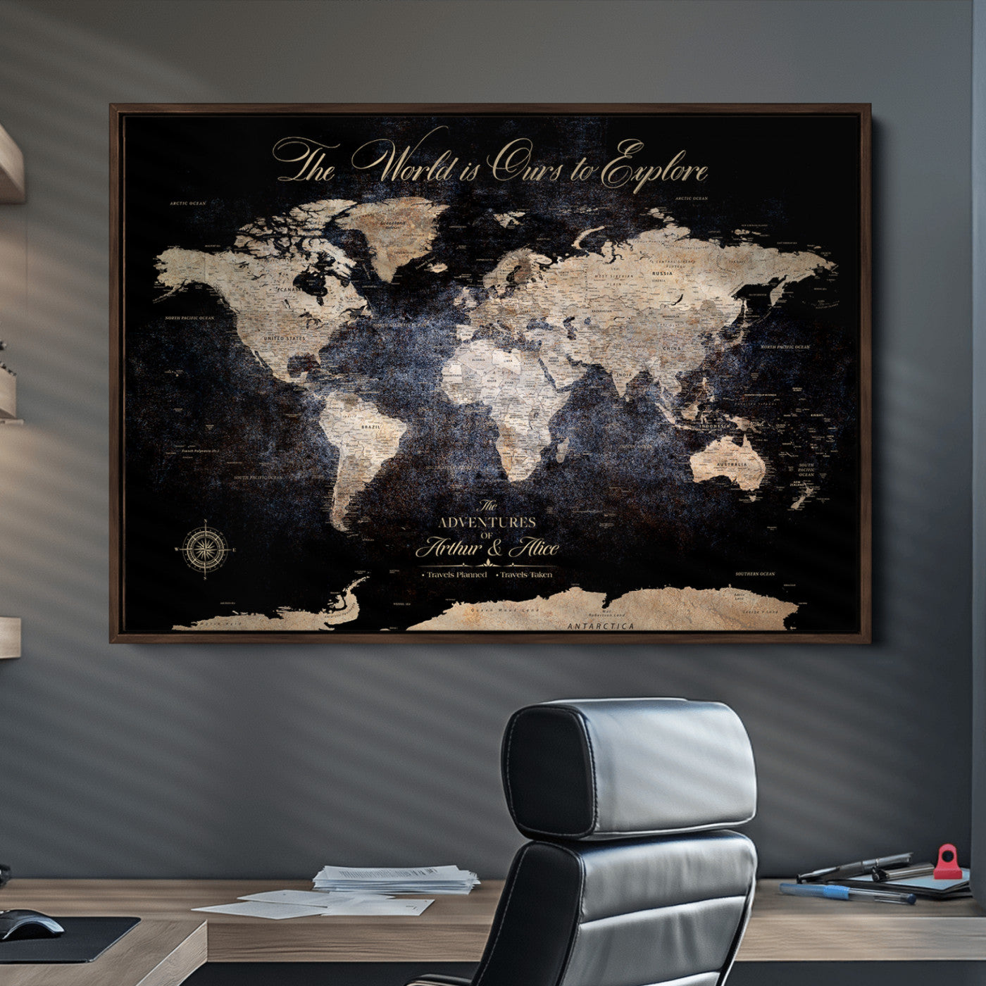-Personalized Push Pin World Map Canvas Print Framed Custom Travel Tracker with 100 Pins Artwork for Home, Office