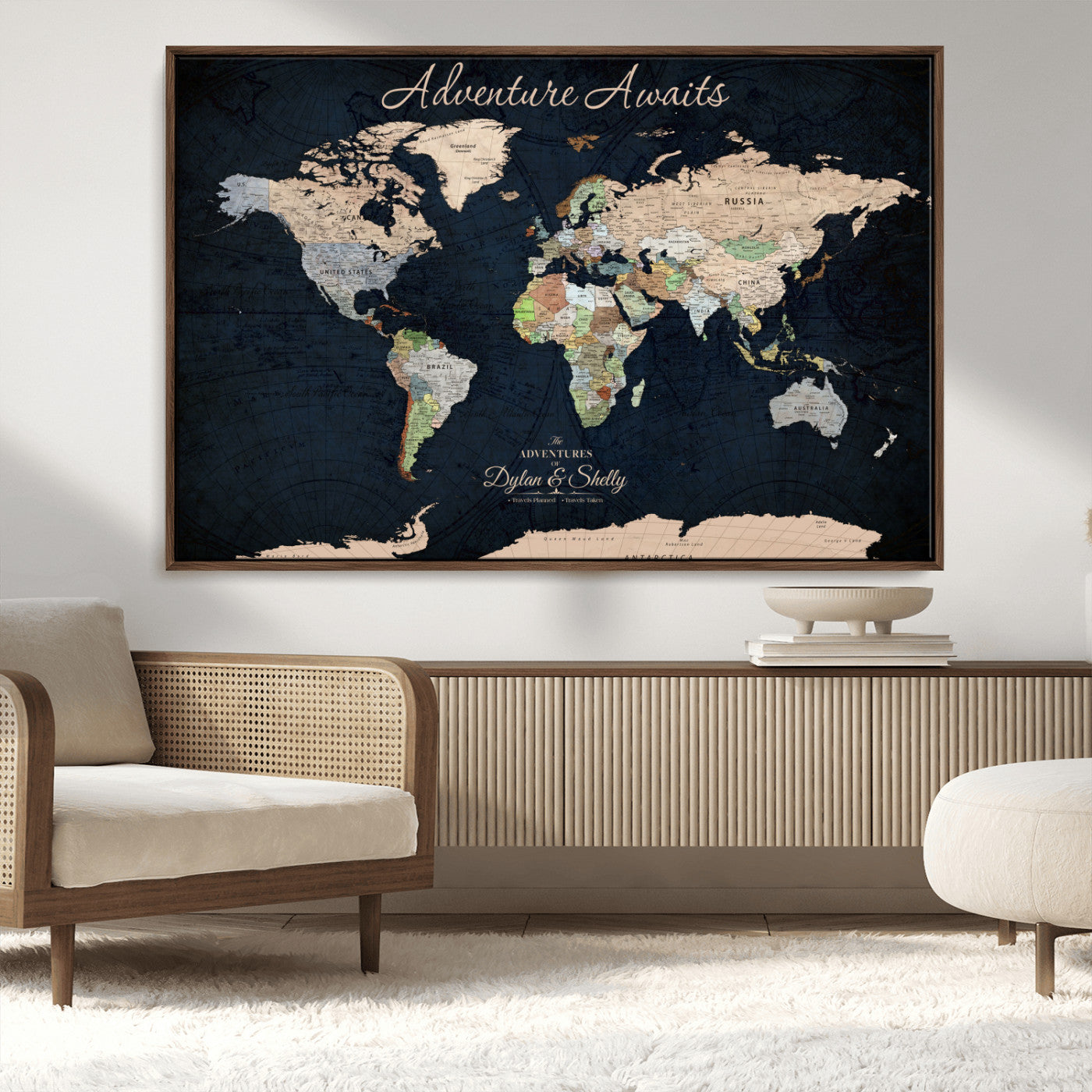Rehber01-MGV-CV-36X24-Personalized World Map Canvas Print – Framed Push Pin Travel Wall Art for Couples – Adventure & Anniversary Gift