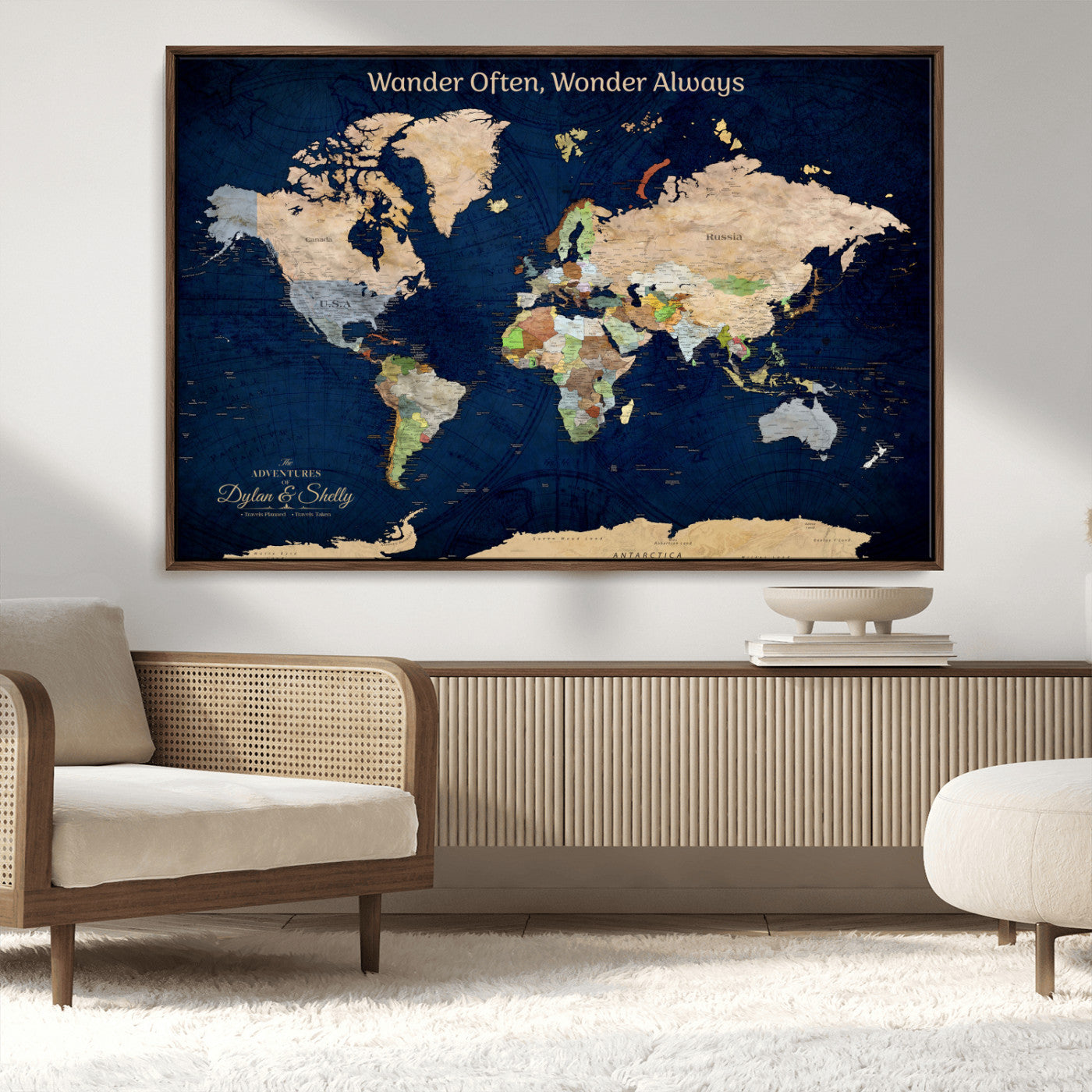 Rehber01-MGV-CV-36X24-Personalized World Map Canvas – Custom Framed Push Pin Travel Map Wall Art, Navy Blue Vintage Gift for Couples and Adventurers