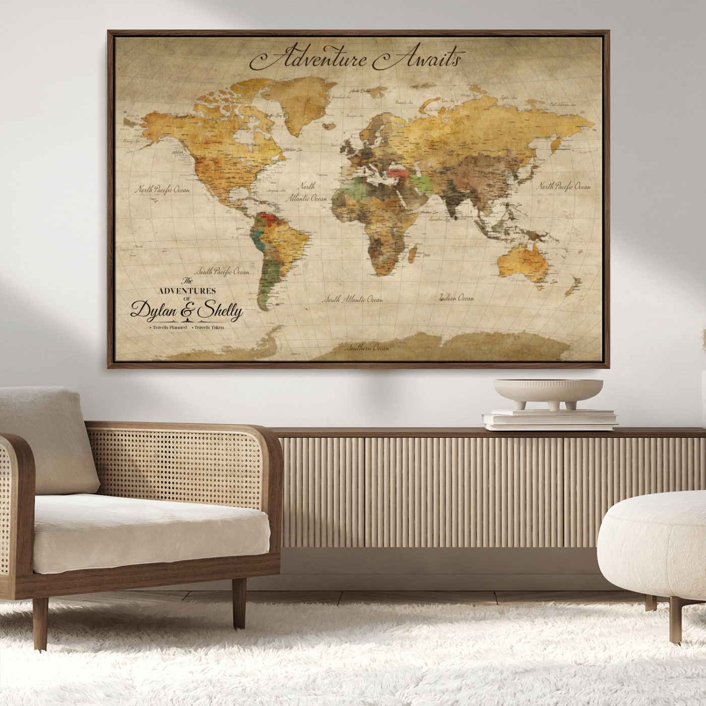 Rehber01-MGV-CV-36X24-Personalized World Map Canvas – Custom Framed Push Pin Travel Map Wall Art, Rustic Vintage Gift for Couples and Travel Lovers