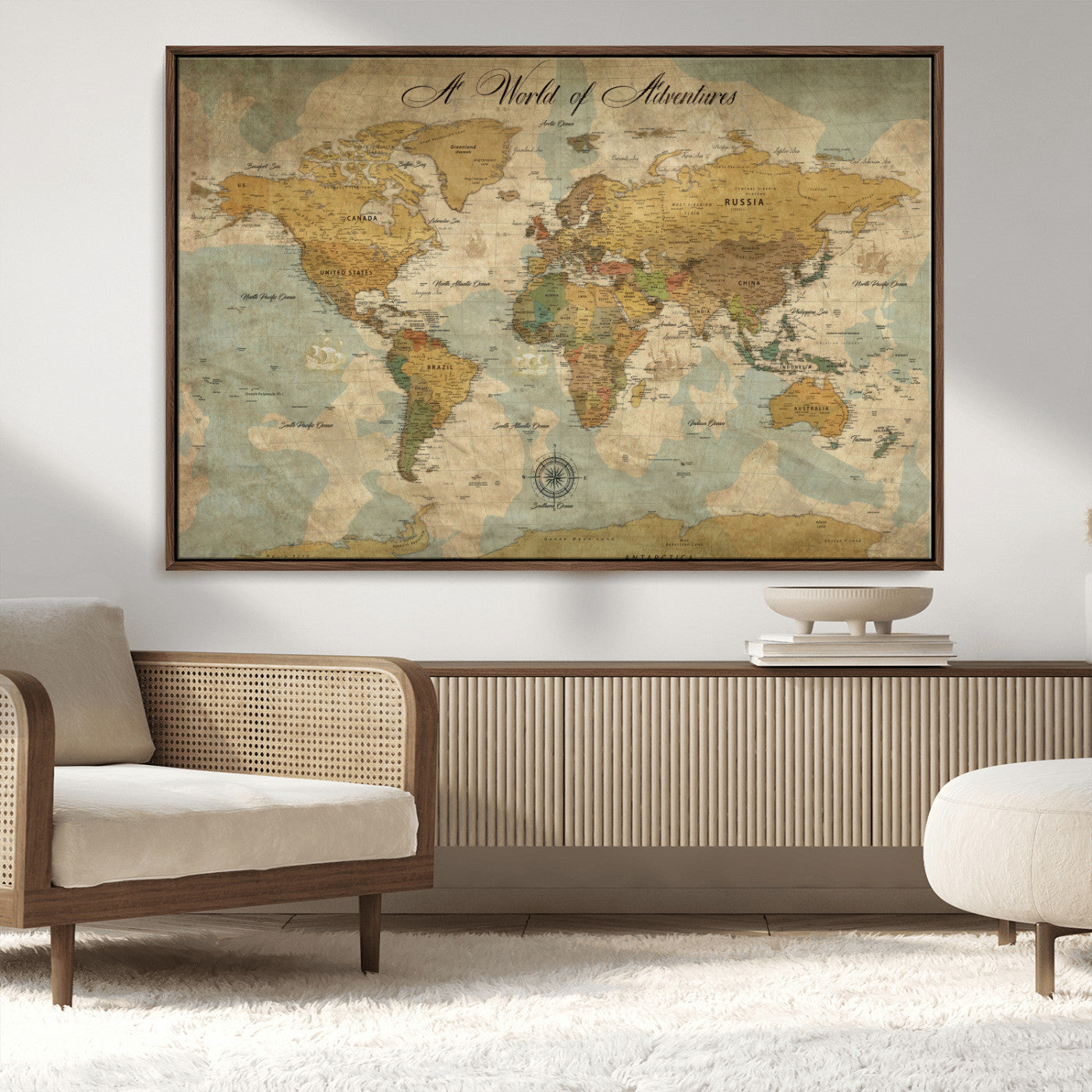 Rehber01-MGV-CV-36X24-Personalized World Map Canvas – Custom Framed Push Pin Travel Map Wall Art, Vintage Style Gift for Couples or Families