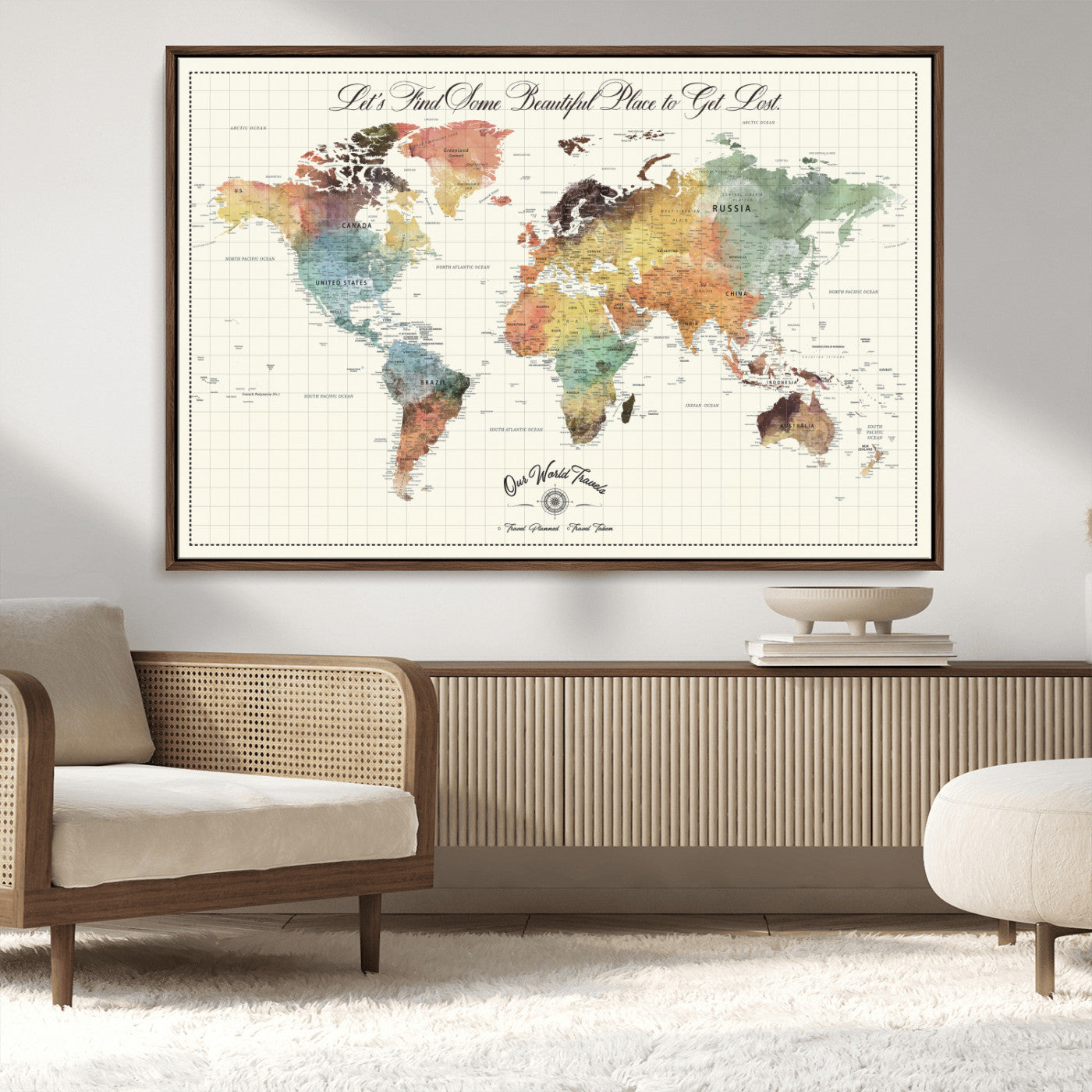 -Personalized Push Pin World Map Canvas Print – Custom Adventure Travel Tracker Map, Framed Wall Art Gift for Couples or Family