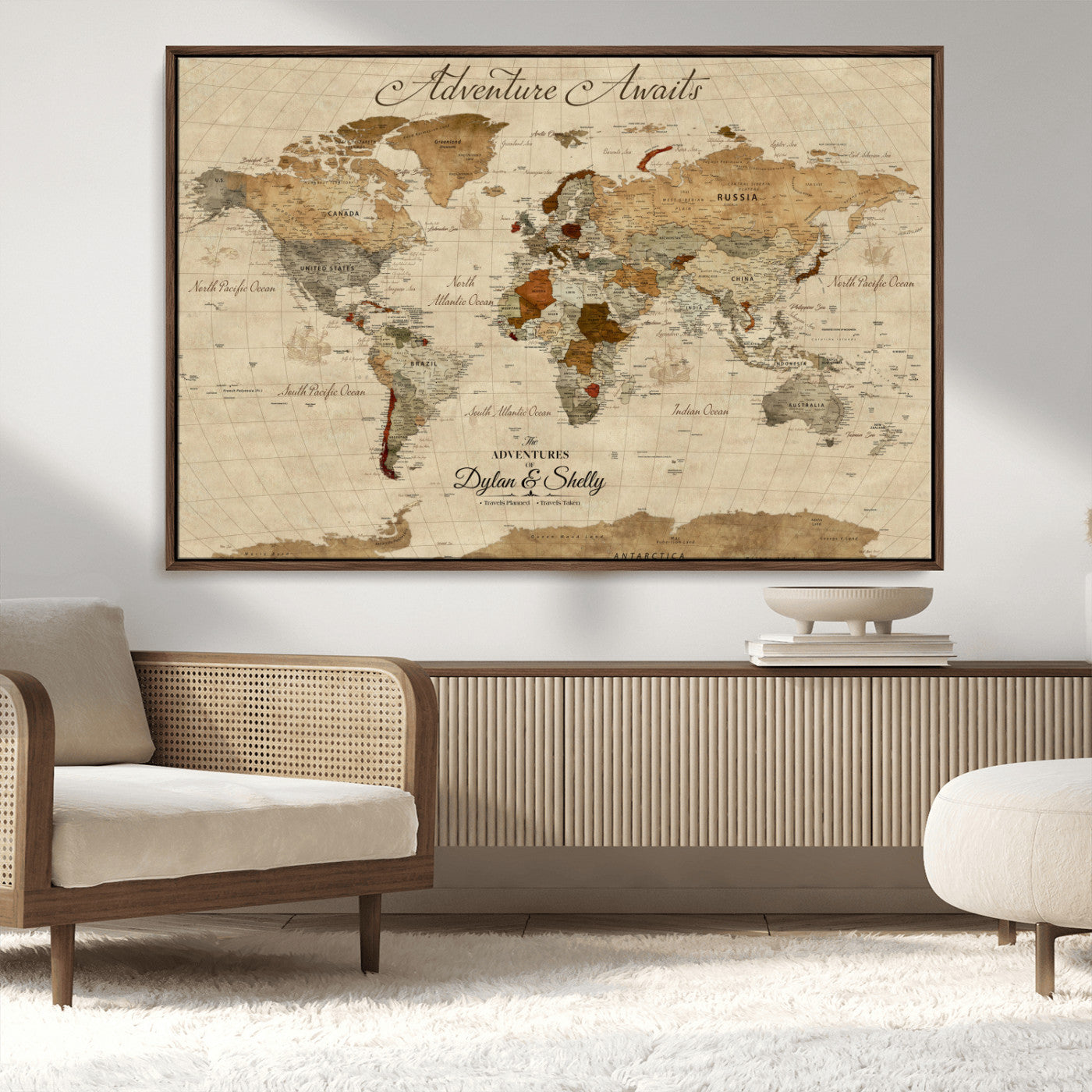 Rehber01-MGV-CV-36X24-Personalized World Map Canvas – Custom Framed Push Pin Travel Map Wall Art with Names, Vintage Style Gift for Couples