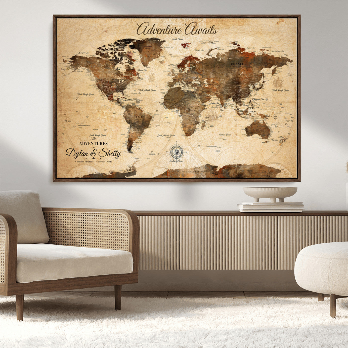 Rehber01-MGV-CV-36X24-Personalized World Map Canvas Wall Art – Custom Framed Push Pin Travel Tracker Print, Unique Gift for Home or Office Decor