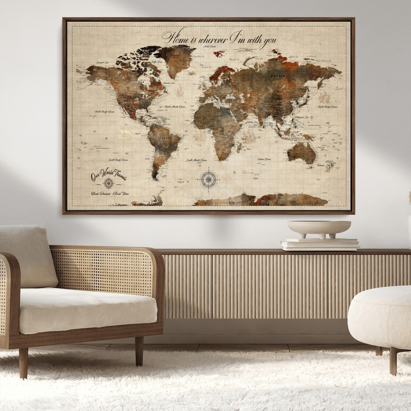 Rehber01-MGV-CV-36X24-Personalized World Map Canvas Wall Art – Custom Framed Push Pin Travel Tracker Print, Unique Gift for Home or Office Decor