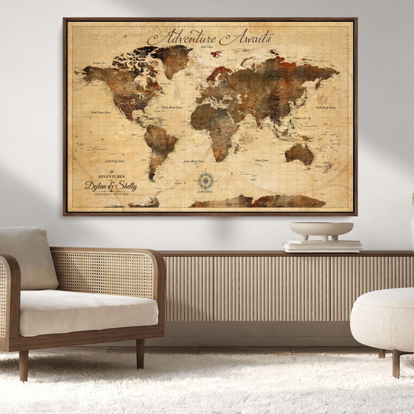 Rehber01-MGV-CV-36X24-Personalized World Map Canvas Wall Art – Custom Framed Push Pin Travel Tracker Print, Unique Gift for Home or Office Decor