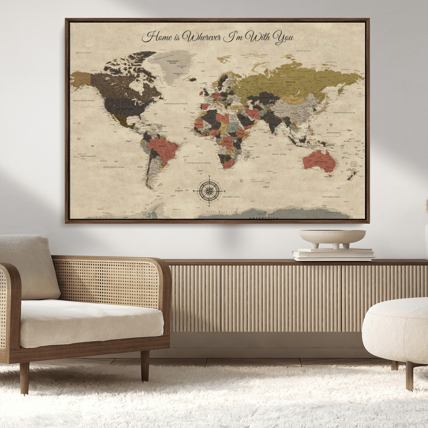 -Personalized World Map Wall Art Canvas Print – Customizable Push Pin Framed Travel Map Artwork for Home Office