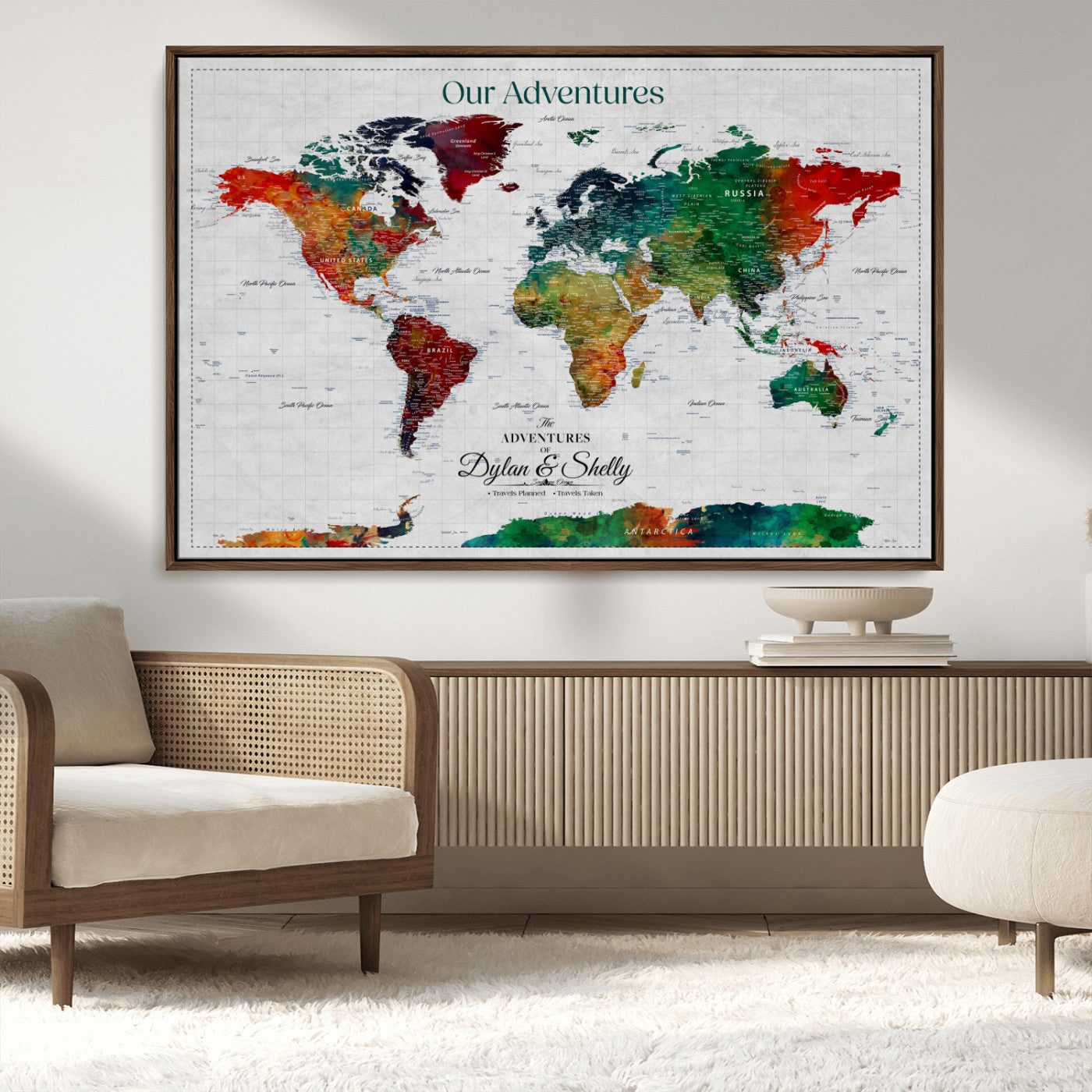 Rehber01-MGV-CV-36X24-Personalized World Map Canvas Wall Art – Custom Framed Push Pin Travel Tracker Print, Unique Gift for Home or Office Decor
