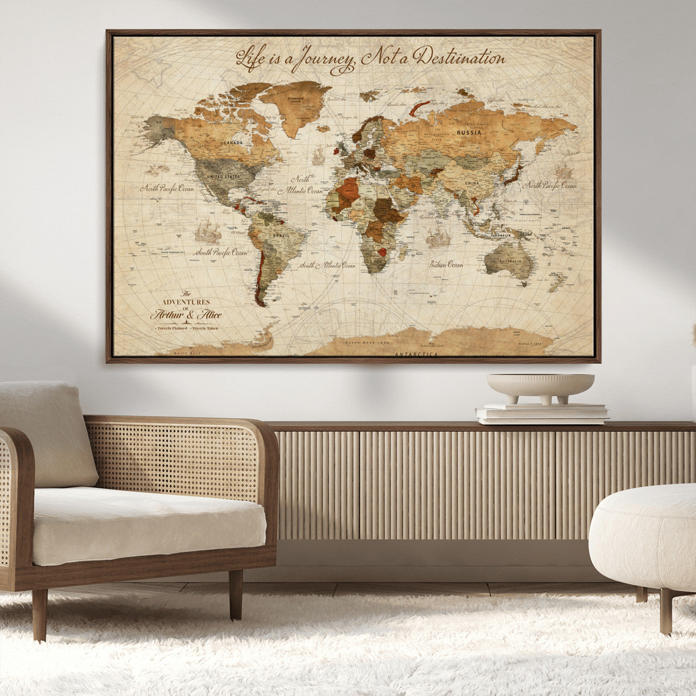 Rehber01-MGV-CV-36X24-Personalized Framed World Map Wall Art Canvas Print – Custom Push Pin Travel Tracker Handcrafted USA for Home Office