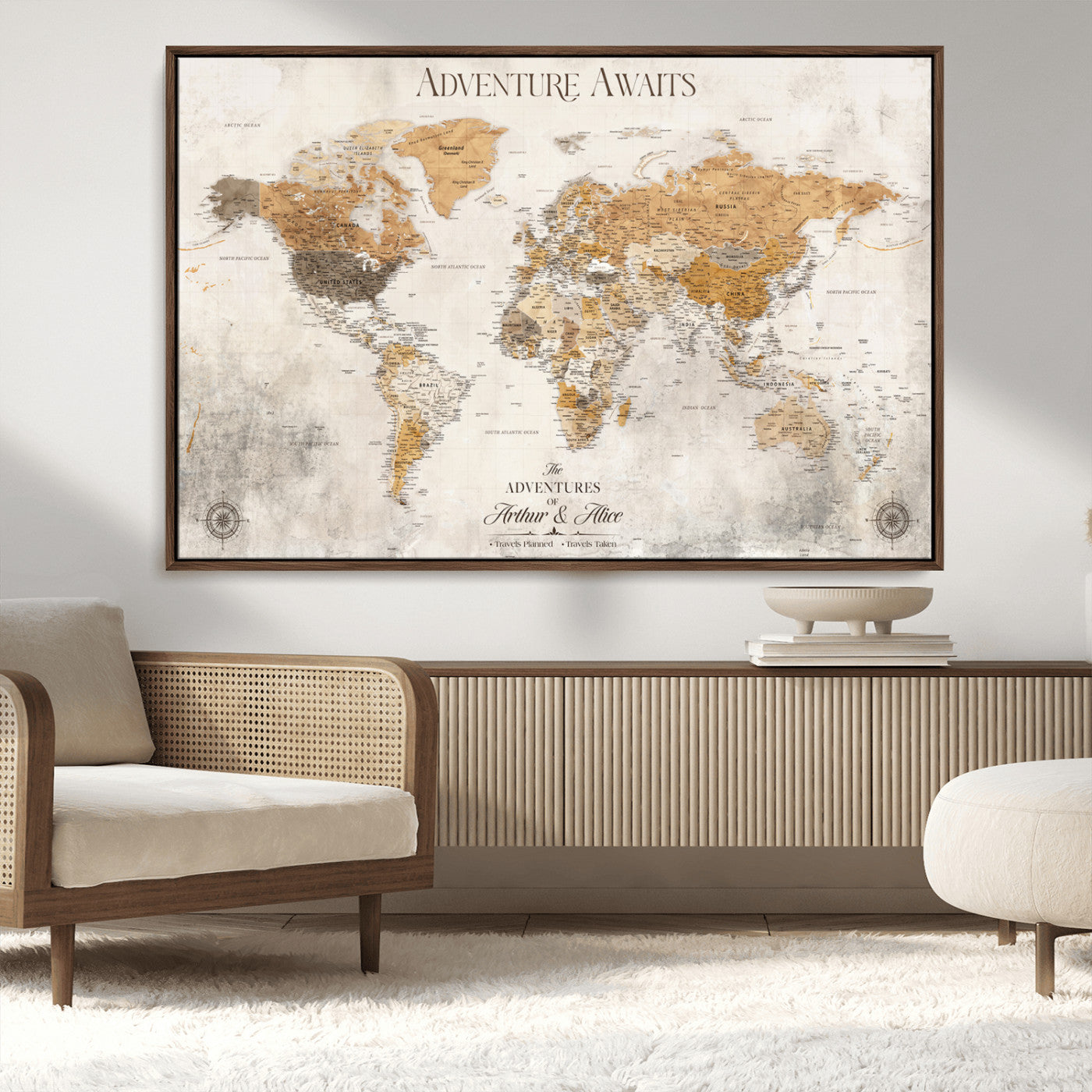 Rehber01-MGV-CV-36X24-Personalized World Map Canvas Print – Custom Push Pin Travel Map Vintage Neutral Style Gift for Couples Travelers for Home Office