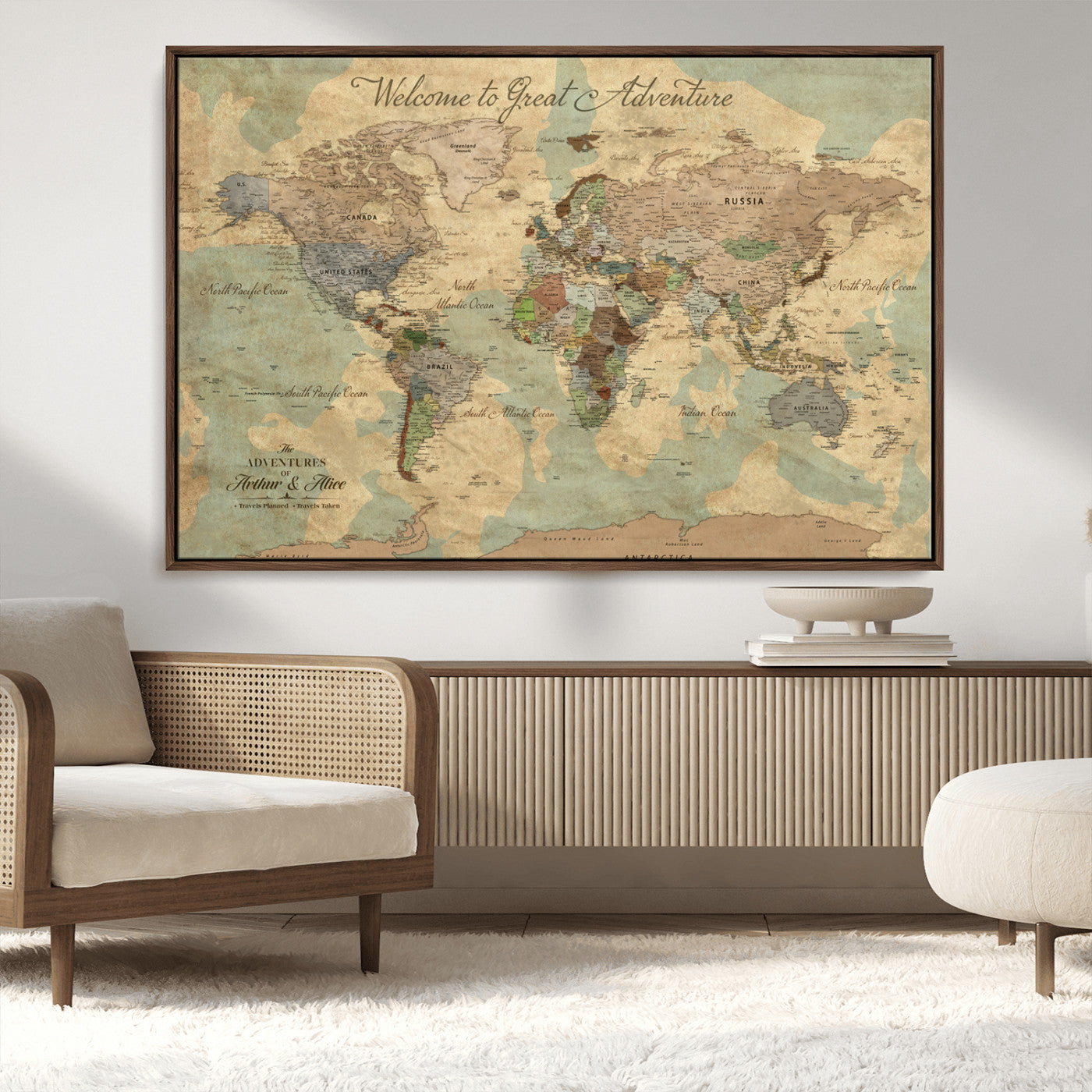 Rehber01-MGV-CV-36X24-Personalized World Map Canvas Wall Art – Custom Framed Push Pin Travel Tracker Print, Unique Gift for Home or Office Decor