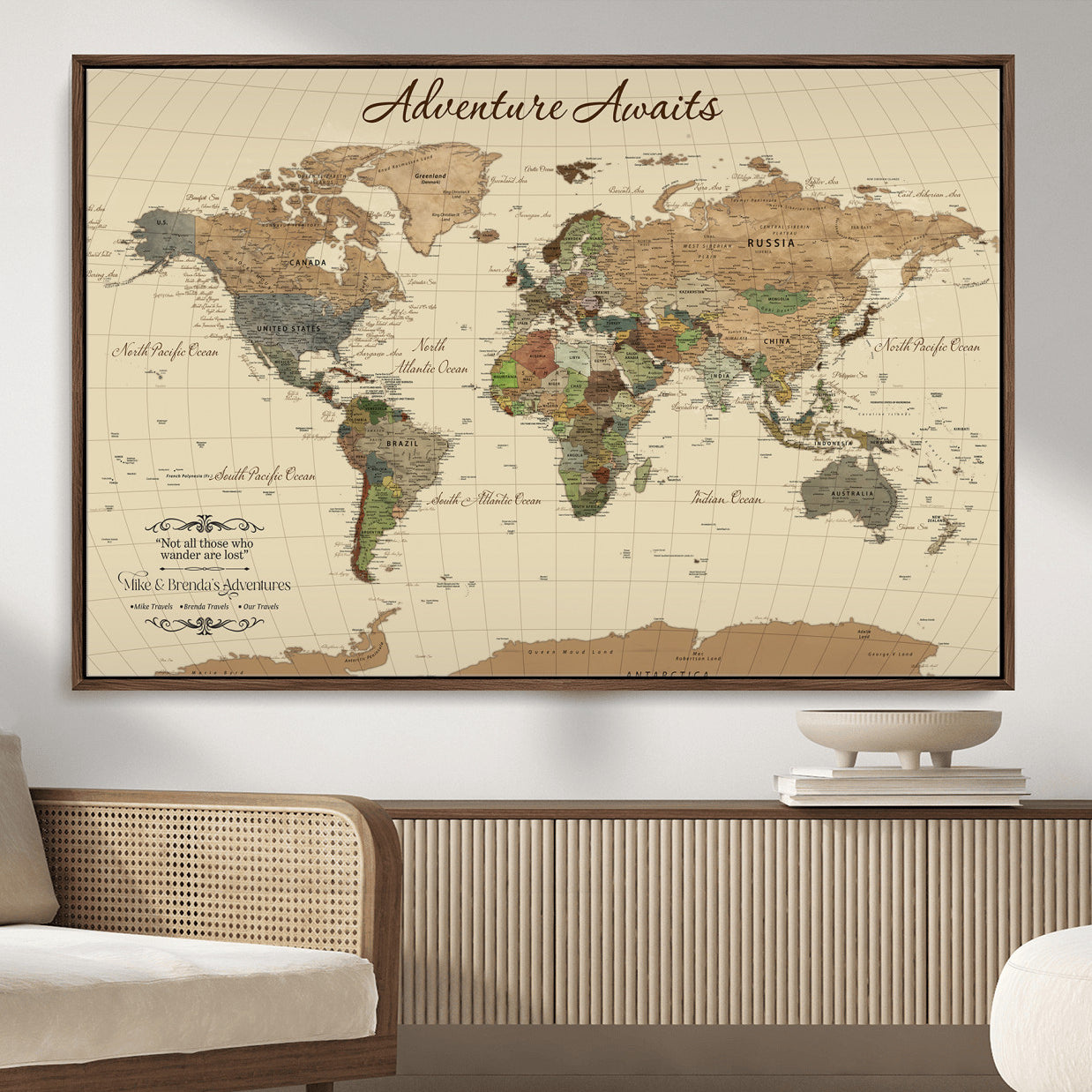31875069-MGV-FC-36X24 - Customizable Push Pin World Map Wall Canvas Print – Personalize Travel Tracker with Pins – Framed Custom Quotie Canvas for Home Office Decor