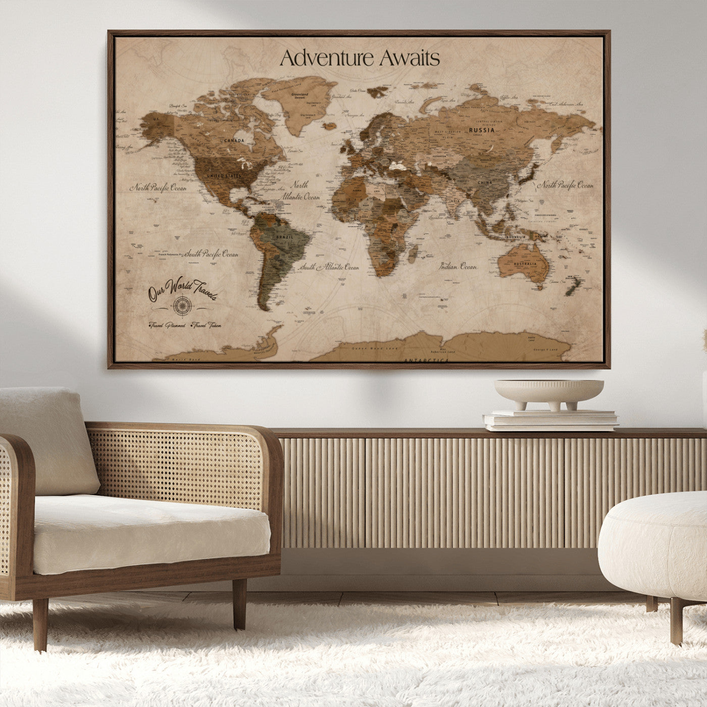 Rehber01-MGV-CV-36X24-Personalized Framed World Map Wall Art Canvas – Custom Push Pin Travel Map with 100 Pins Foam Backing for Home Office