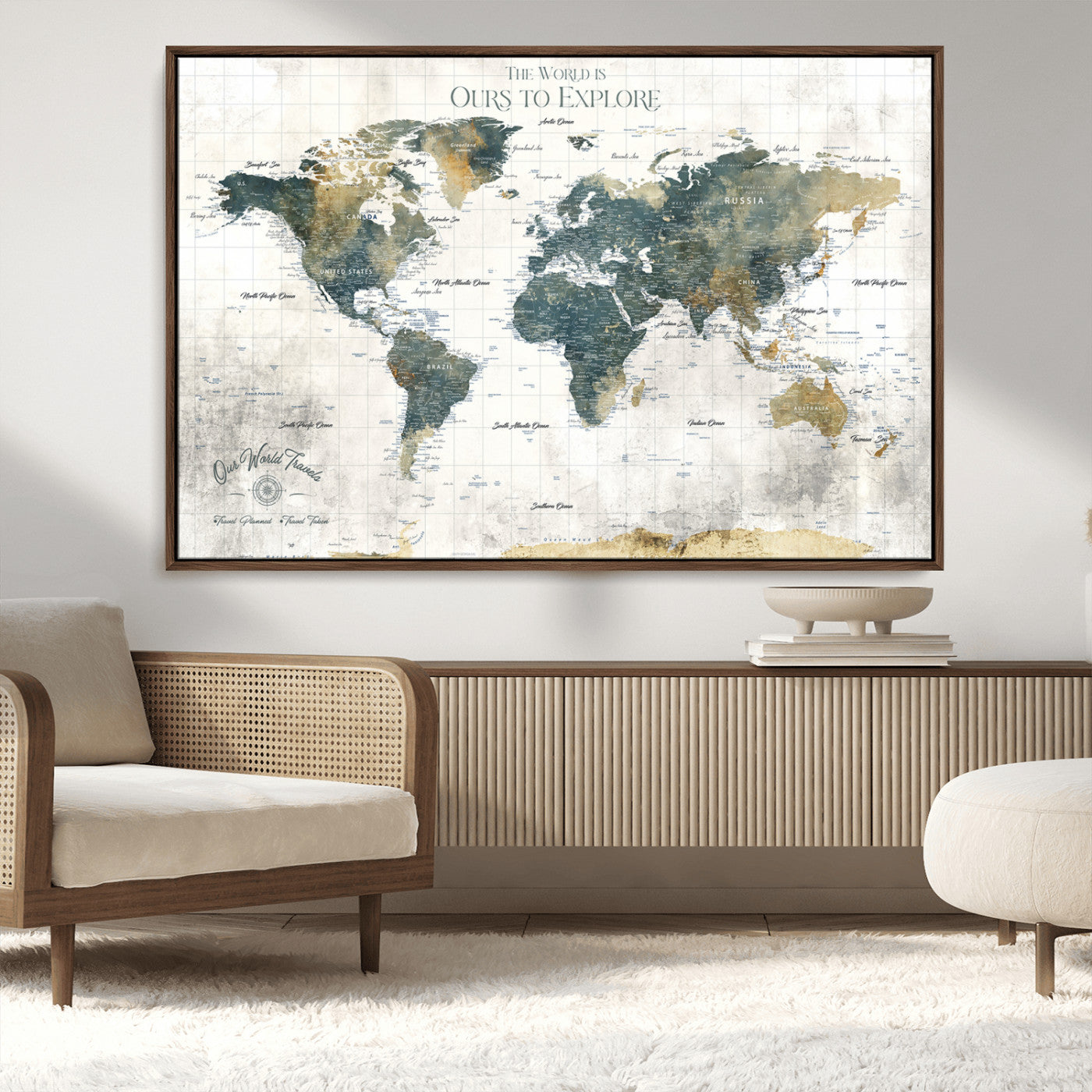 -Custom Push Pin World Map Wall Art Canvas Print – Adventure Travel Tracker Map with Pins Artwork for Home Office