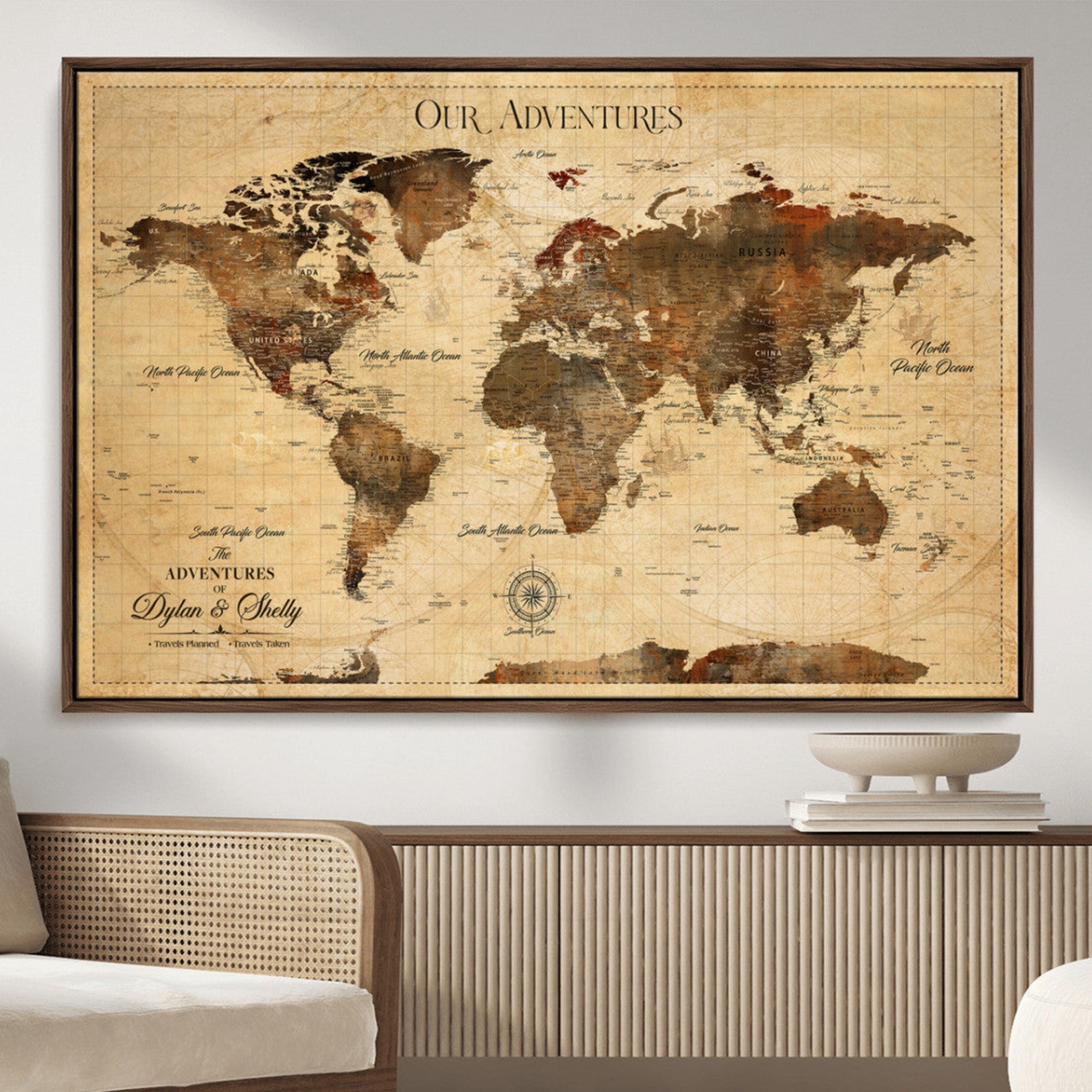 Rehber01-MGV-CV-36X24-Personalized World Map Wall Art Canvas Print – Vintage Travel Map Our Adventures Custom Names Home Office Decor Artwork