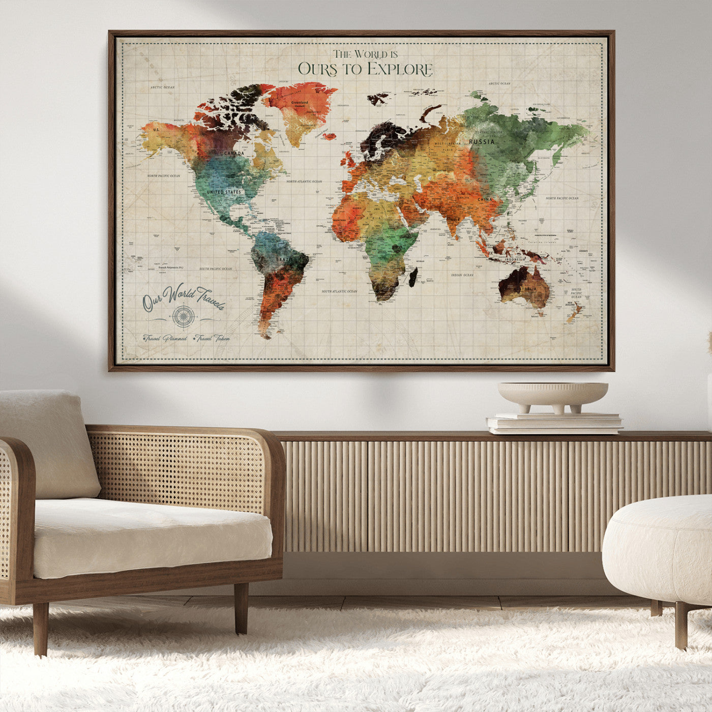 Rehber01-MGV-CV-36X24-Custom Push Pin World Map Wall Art Canvas Print – Personalized Travel Tracker Map Framed Artwork for Home Office