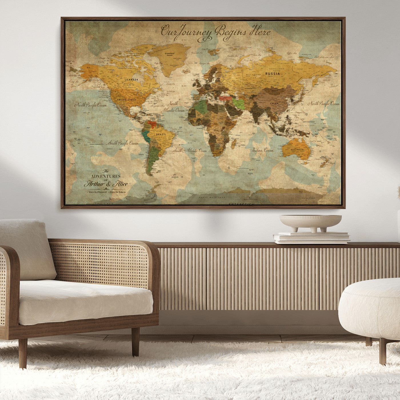 40572820-MGV-CV-36X24-Personalized World Map Canvas – Custom Framed Push Pin Travel Map Wall Art, Vintage Style Gift for Couples