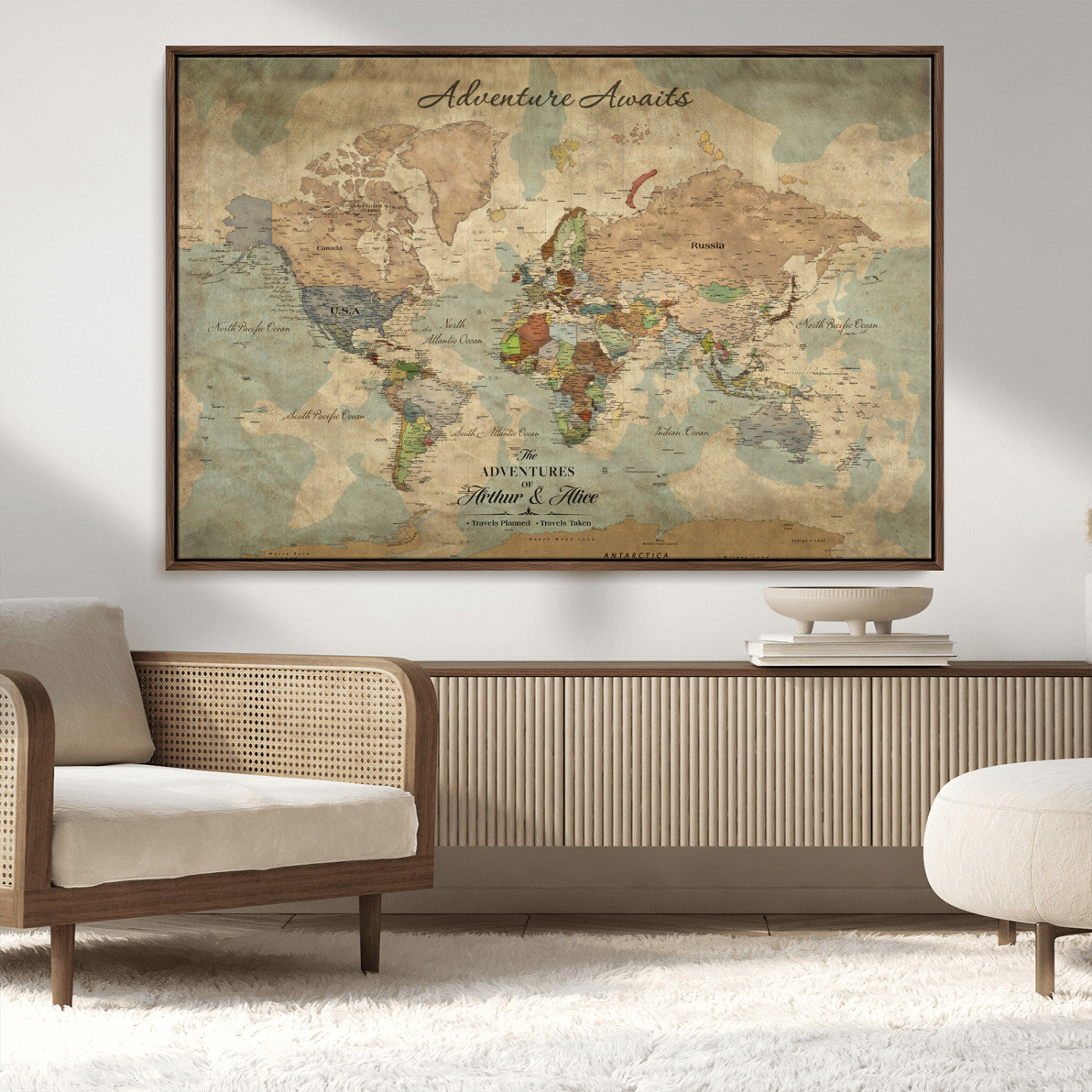 Rehber01-MGV-CV-36X24-Personalized Vintage World Map Canvas Print – Custom Push Pin Travel Map Antique Style Gift for Couples Travelers for Home Office