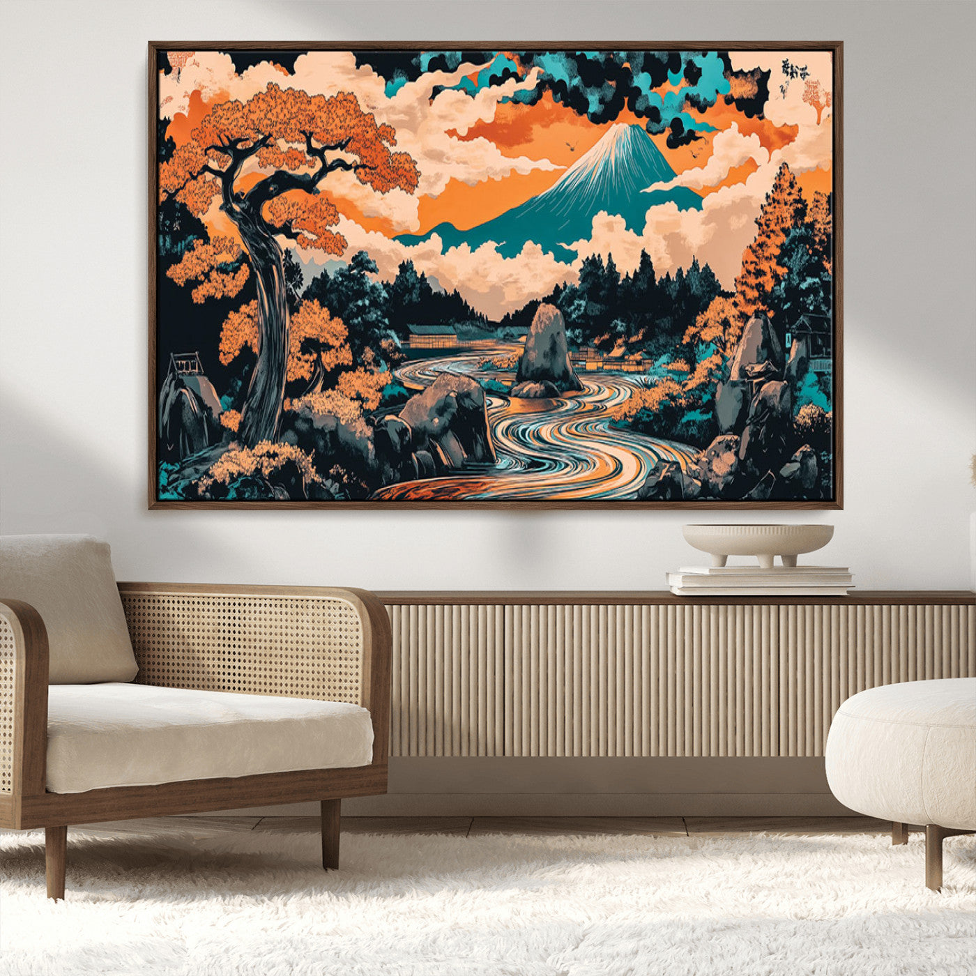 A vibrant Japanese-inspired landscape featuring Mount Fuji, a winding river, and autumn-colored trees under a dramatic sky, in bold and vivid hues.
