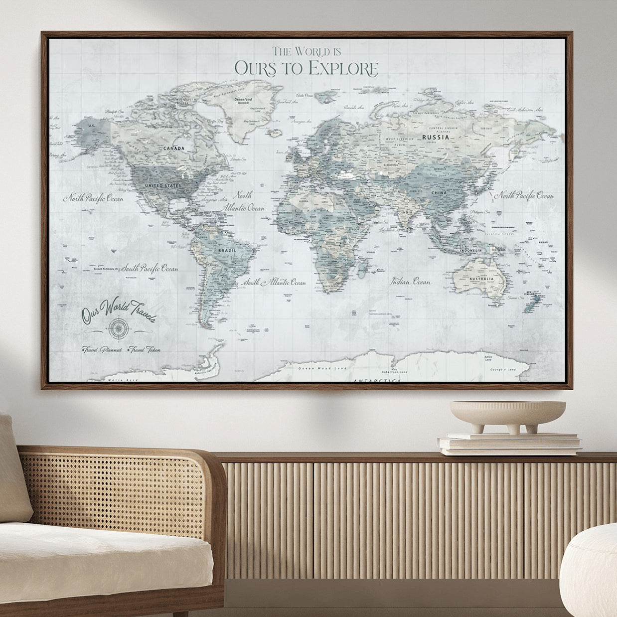 73654056-MGV-FC-36X24 - Personalized Push Pin World Map Canvas Print – Custom Framed Travel Tracker Artwork for Couples or Home Decor